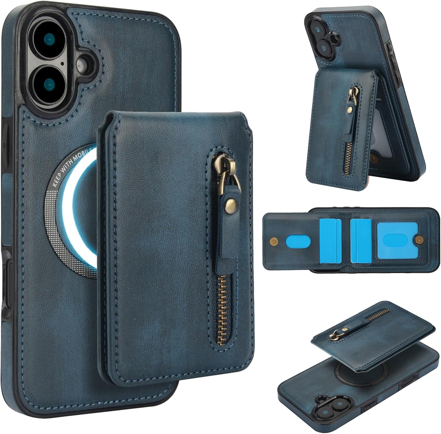 Magnetic card holder phone case suitable for iPhone 16, zipper magnetic split magnetic wallet with adjustable bracket Red