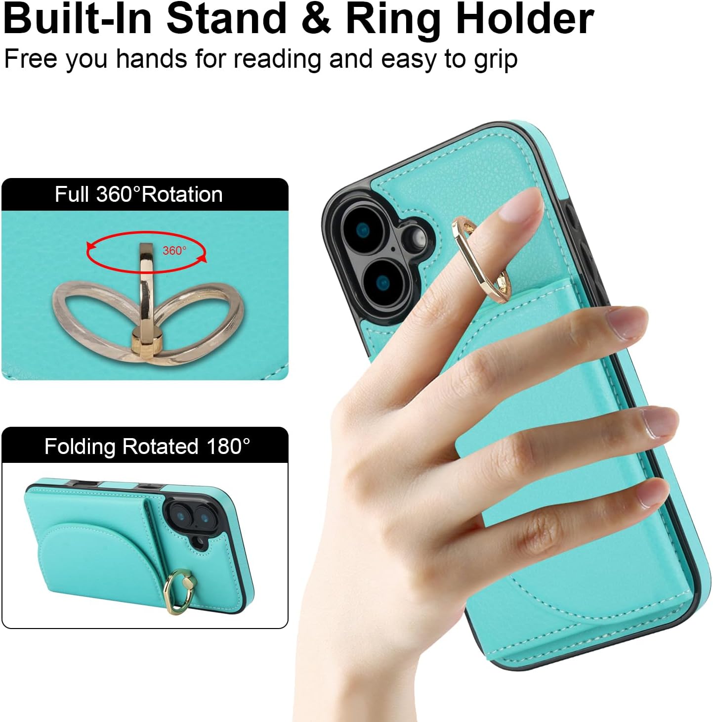 Tri-fold wallet case for iPhone 16 Plus, 360° rotating ring buckle stand, shockproof phone case coin purse card holder Black