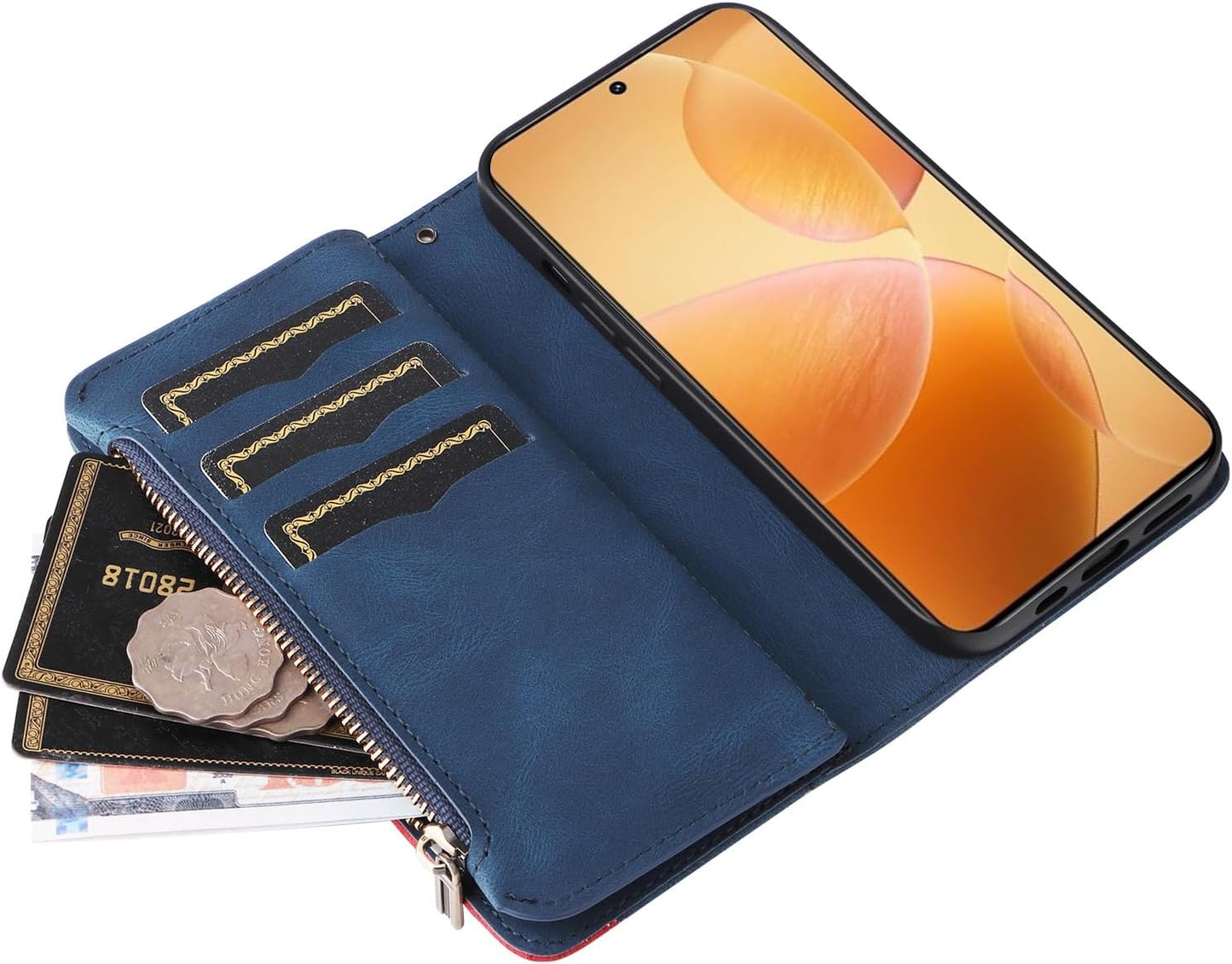 iTape 9 Card Slots Phone Case for Xiaomi POCO X6 PRO 5G, Zipper Wallet, Dual Color Stitching Color Flip Stand Card Slots Cash Clip Shockproof, Wrist Strap Black