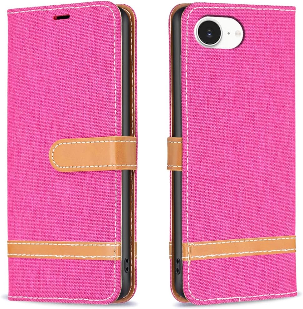 Colorblock Denim Wallet Phone Case for iPhone 16E, Wallet Phone Case Flip Stand, Credit Card Slot Wallet Wrist strap Green