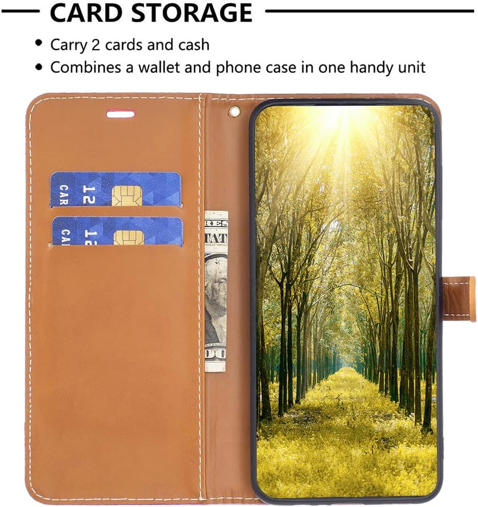 Colorblock Denim Wallet Phone Case for iPhone 16E, Wallet Phone Case Flip Stand, Credit Card Slot Wallet Wrist strap Green