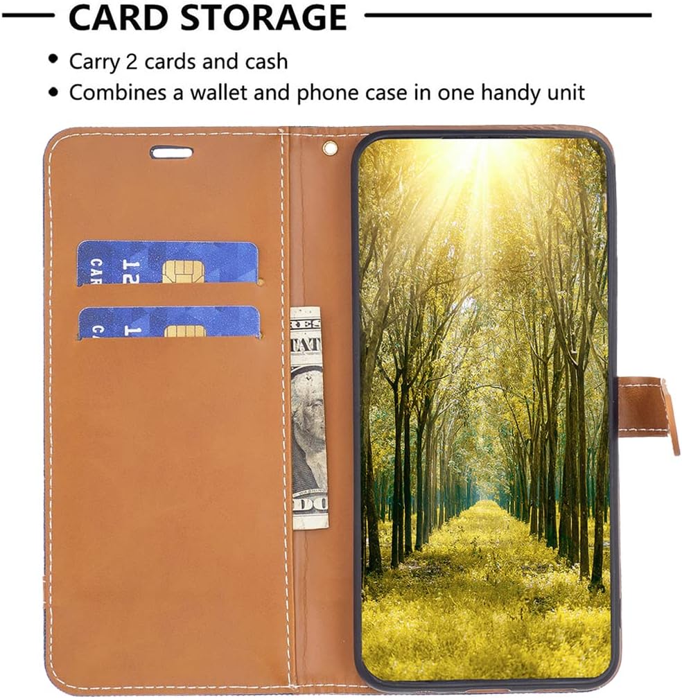 Colorblock Denim Wallet Phone Case for iPhone 16E, Wallet Phone Case Flip Stand, Credit Card Slot Wallet Wrist strap Green