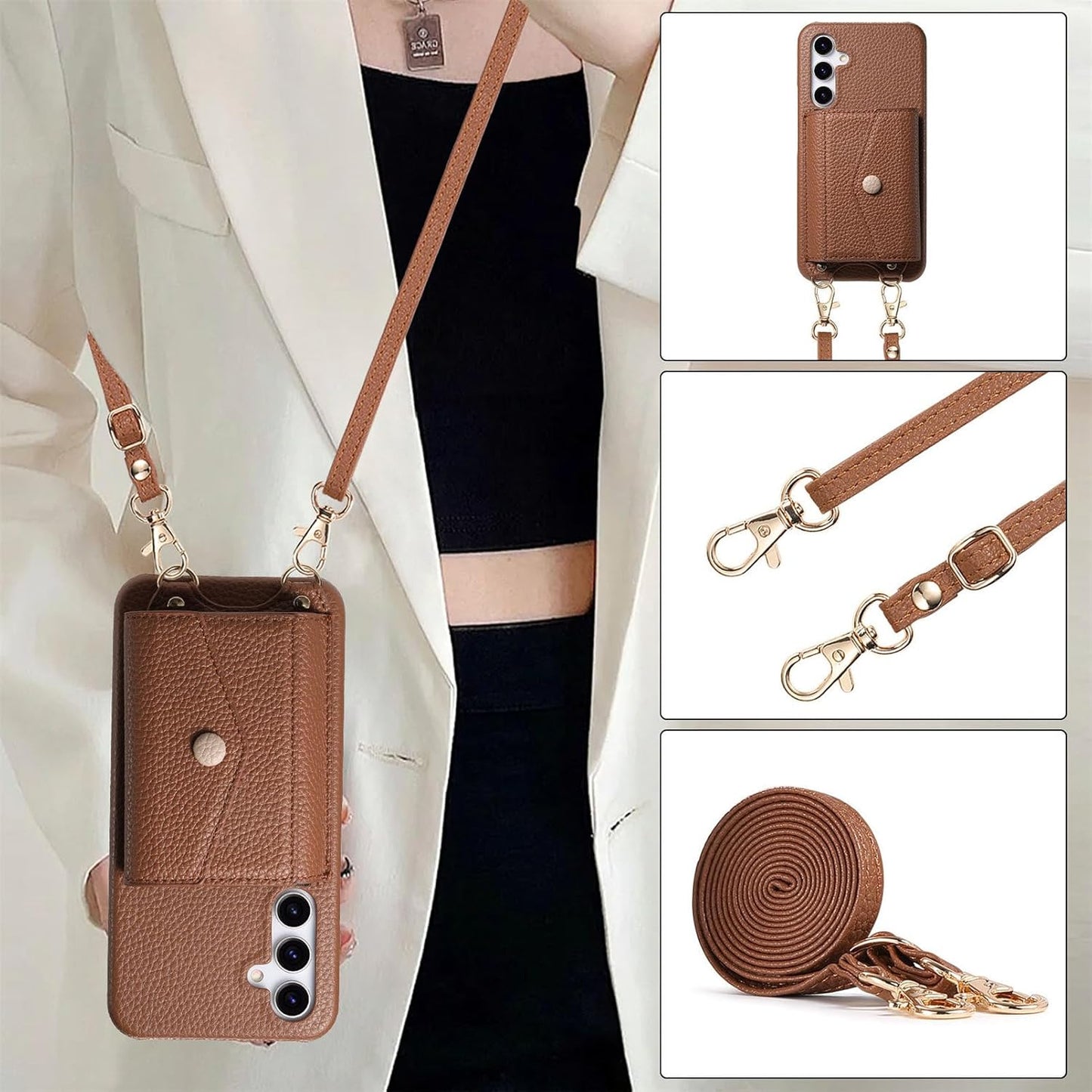 iTape Card Holder Wallet Phone Case for Samsung Galaxy A55, Shockproof Ultra-thin Phone Case, Makeup Mirror with Crossbody Strap Pink