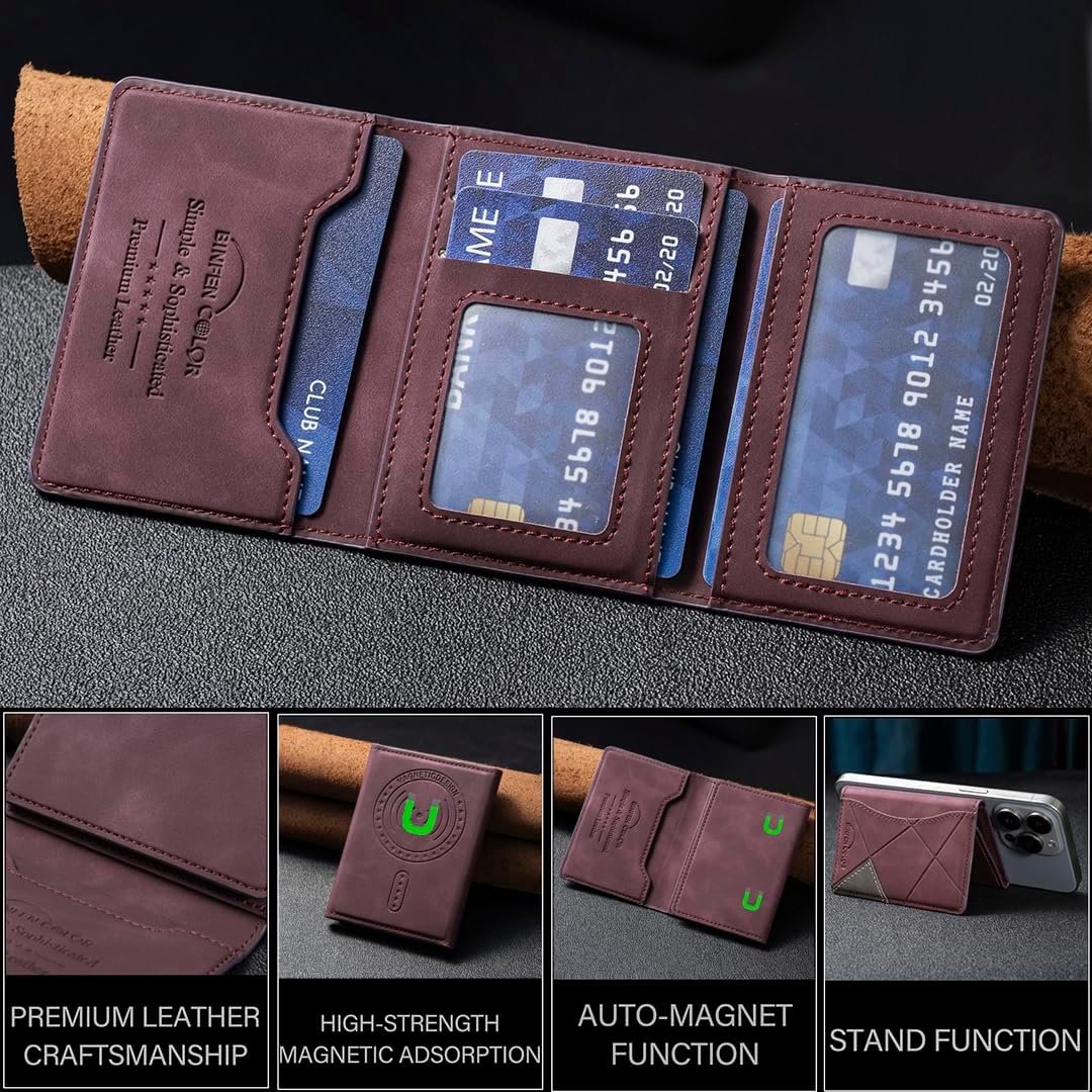 iTape Leather Magnetic Phone Wallet Compatible with Various Phone Models Android and iOS, Ultra-thin Trifold Wallet Card Holder Flip Stand Purple