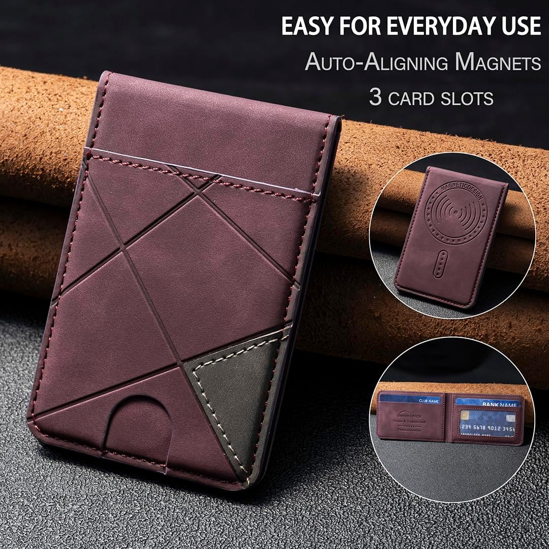 iTape Leather Magnetic Phone Wallet Compatible with Various Phone Models Android and iOS, Magnetic card holder with vertical prism Ultra-thin Trifold Wallet Card Holder Flip Stand Red