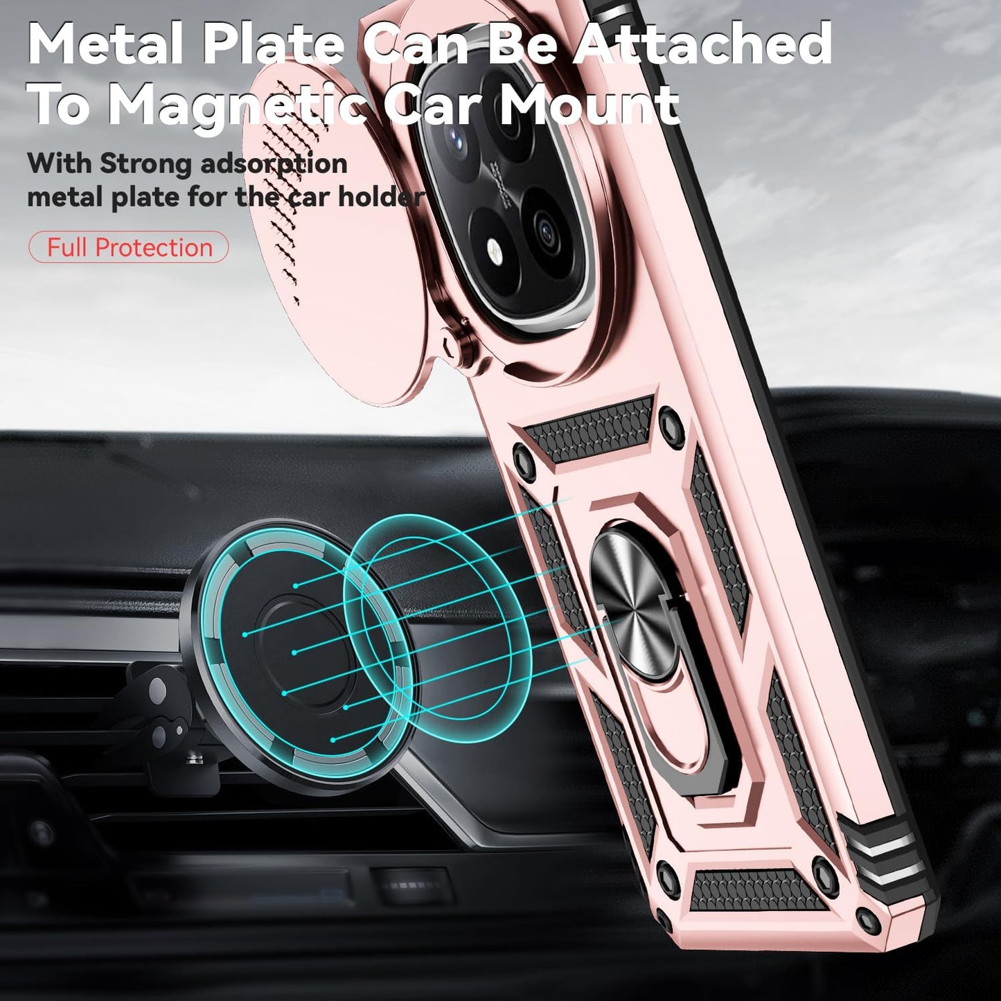 Magnetic Car Mount 2 in 1 Phone Case for Xiaomi Redmi Note 14 Pro+ 5G, Military Grade Protective Case, Phone Case Built-in 360° Rotating Ring Bracket Buckle Push Window Lens Protection