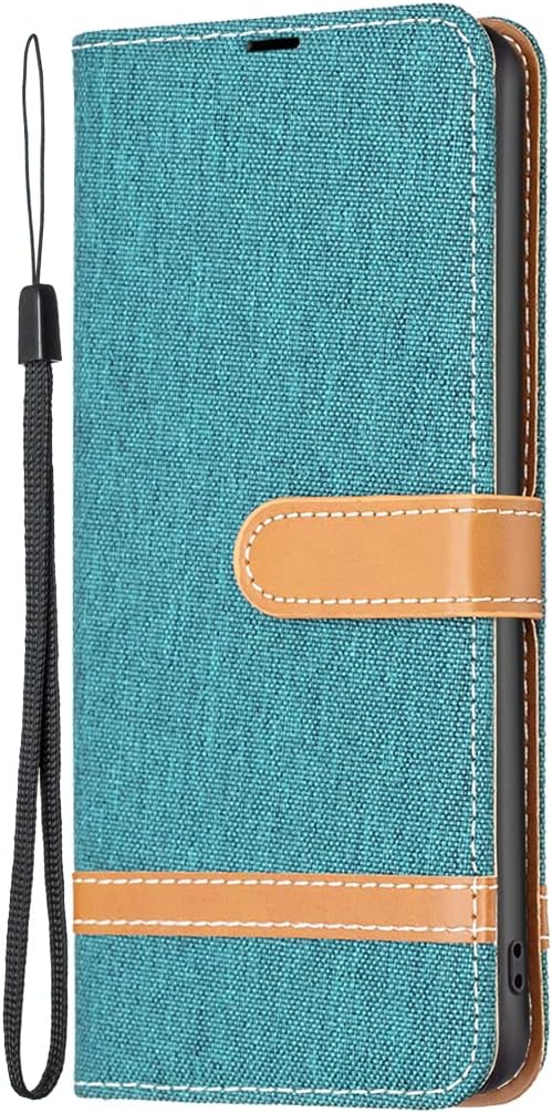 Colorblock Denim Wallet Phone Case for iPhone 16E, Wallet Phone Case Flip Stand, Credit Card Slot Wallet Wrist strap Green