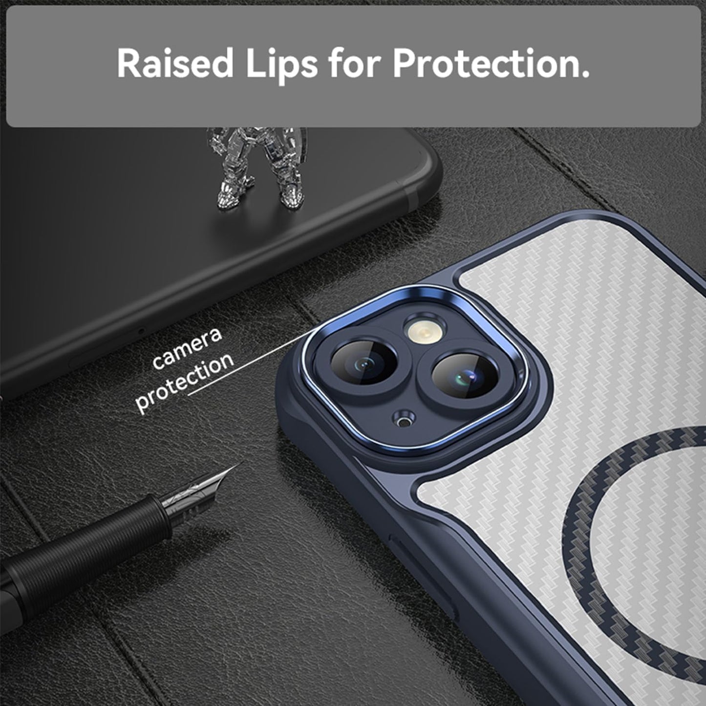 Magnetic carbon fibre case for iPhone 15 Plus, support wireless charging, carbon fibre shockproof slim case Black
