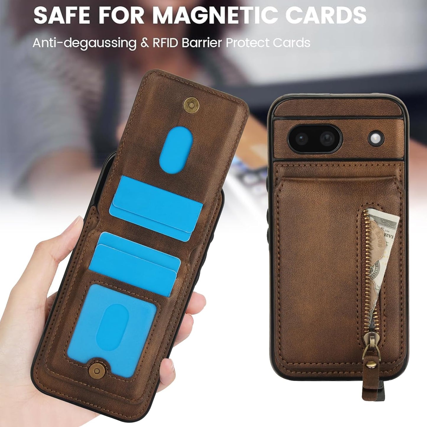 iTape Magnetic card holder phone case suitable for Google Pixel 8A, zipper magnetic split magnetic wallet with adjustable bracket Black