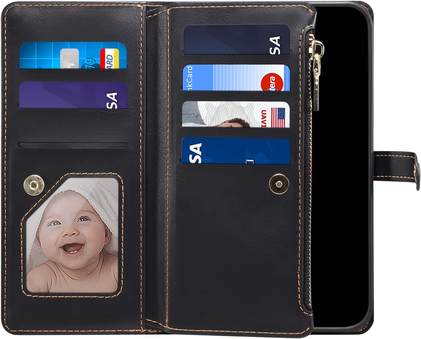iTape Wallet case for Samsung Galaxy A55-5G, card slot photo frame flip stand phone protective case (RFID anti-theft brush) with wrist strap, cross-body strap Black
