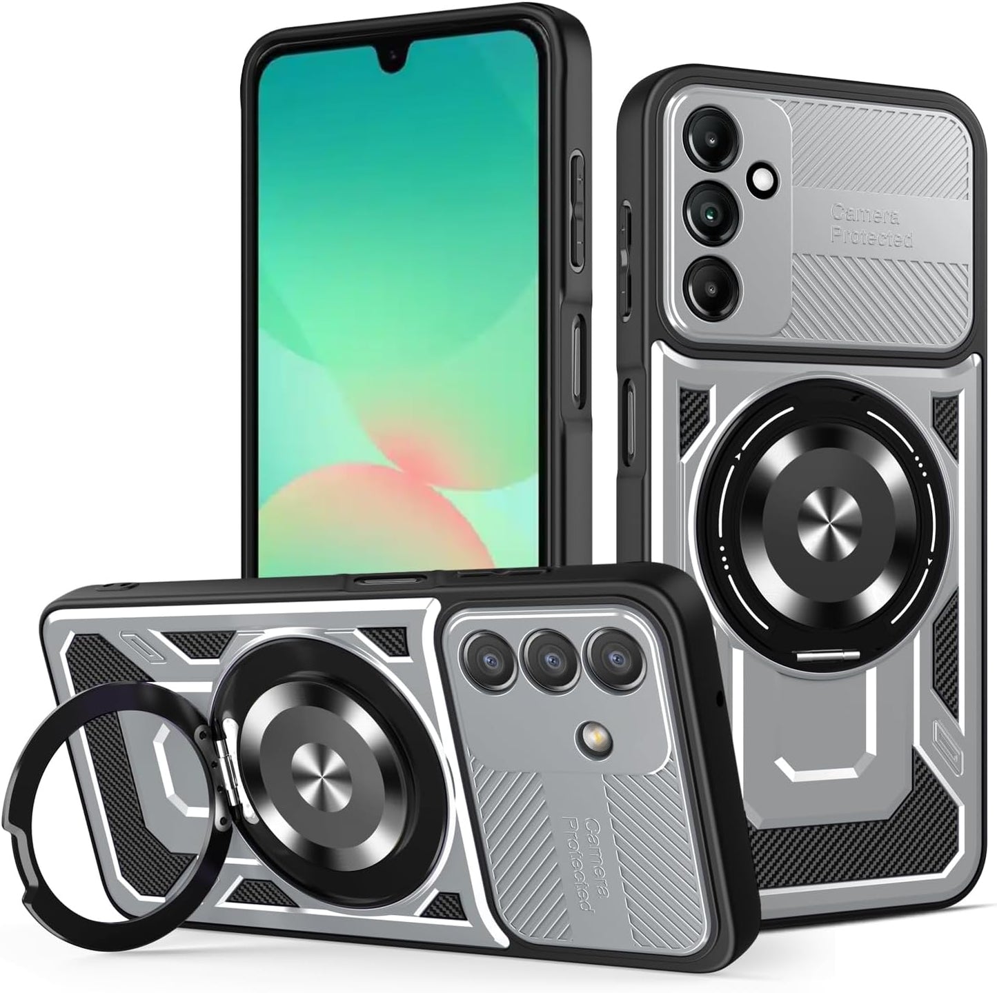 iTape Hard Plated PC Armor Cover for Samsung Galaxy A26 with 360° Rotating Metal Ring Strong Magnetic Car Mount Phone Case Support wireless charging
