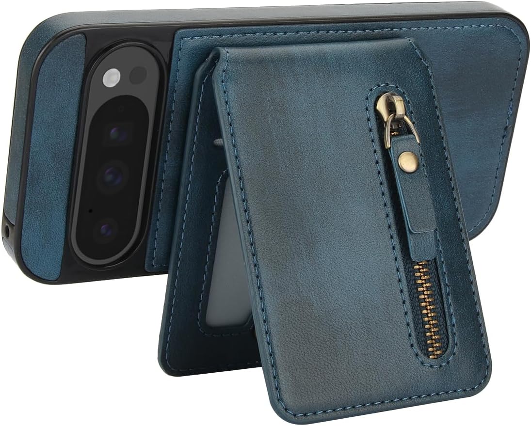 iTape Magnetic card holder phone case suitable for Google Pixel 9, zipper magnetic split magnetic wallet with adjustable bracket Purple