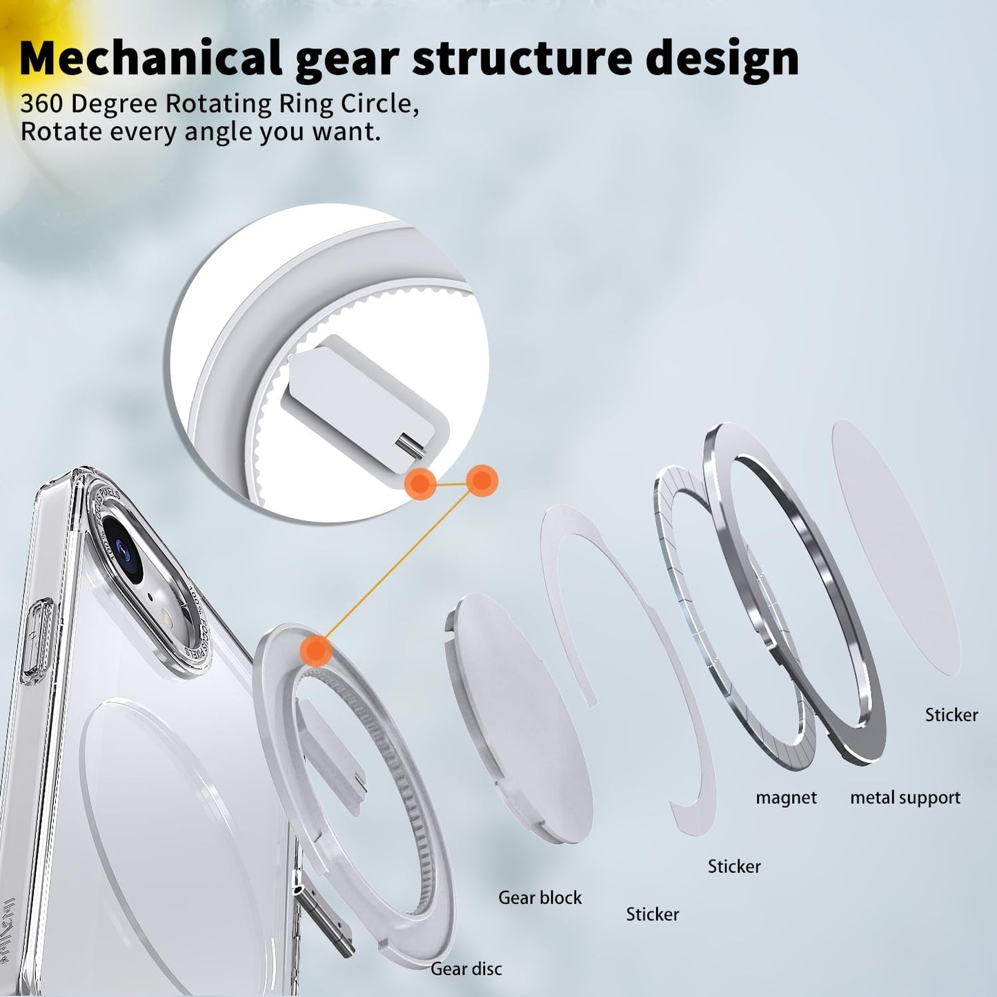 Magnetic phone case for iPhone 16E, mechanical gear 360° rotating bracket supports wireless charging, shockproof ultra-thin shell