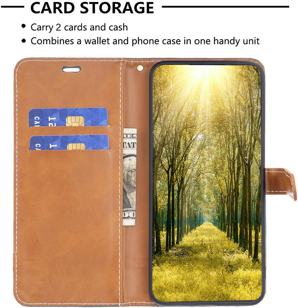 Colorblock Denim Wallet Phone Case for iPhone 16E, Wallet Phone Case Flip Stand, Credit Card Slot Wallet Wrist strap Green