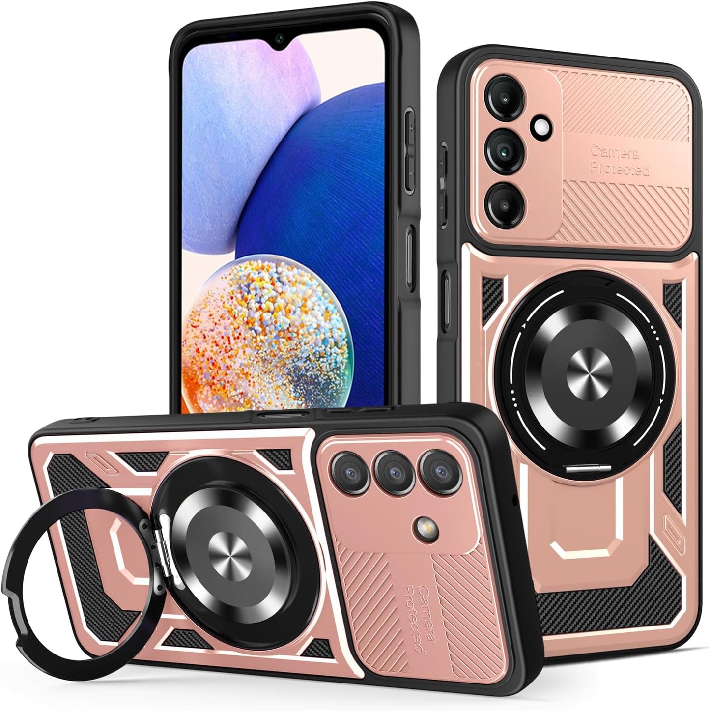 iTape Hard Plated PC Armor Cover for Samsung Galaxy A14 with 360° Rotating Metal Ring Strong Magnetic Car Mount Phone Case Support wireless charging Purple