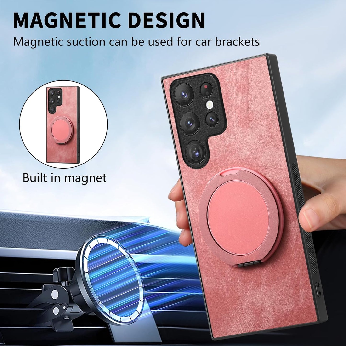 iTape Retro magnetic mobile phone case for Samsung Galaxy S25 Ultra, wireless charging magnetic car mount, round ring 360% rotating mount Green