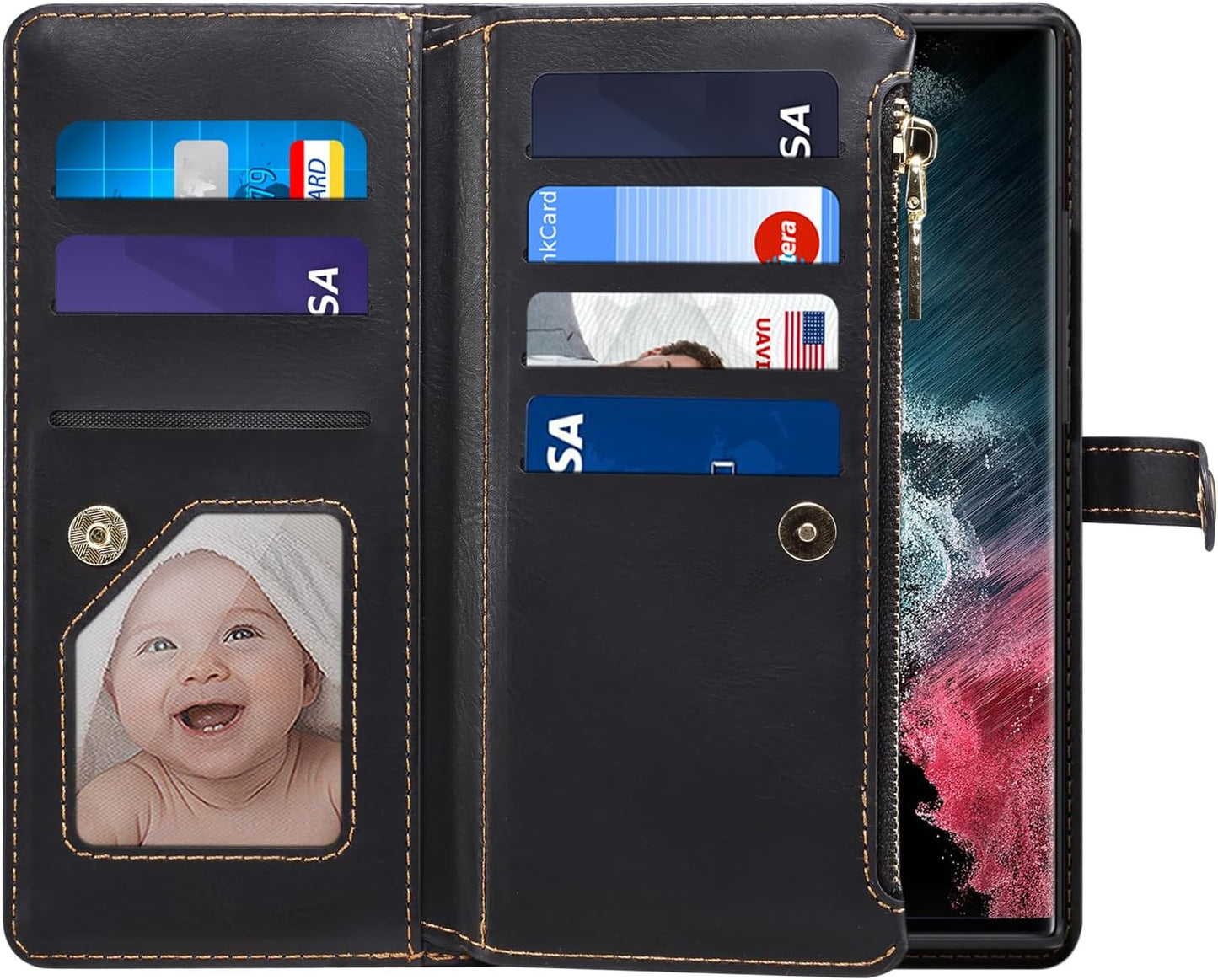 iTape Wallet case for Samsung Galaxy S24 Ultra, card slot photo frame flip stand phone protective case (RFID anti-theft brush) with wrist strap, cross-body strap Orange
