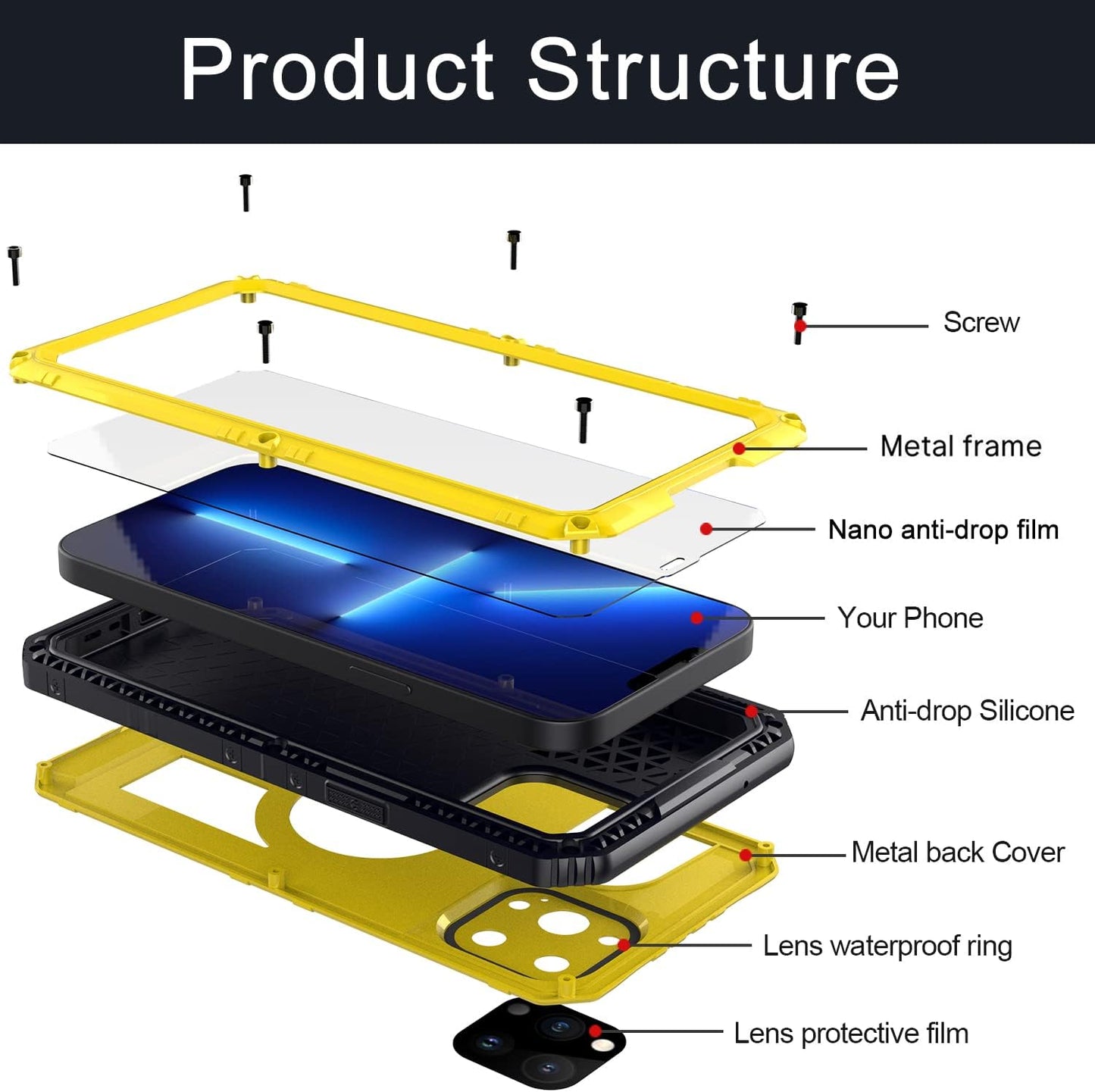 Case for iPhone 13 Pro max, 360° Waterproof IP68 Shockproof Hard Shell Metal Military Heavy Duty Rugged Protective Case for iPhone 13 Pro max Magnetic Wireless Charging Red