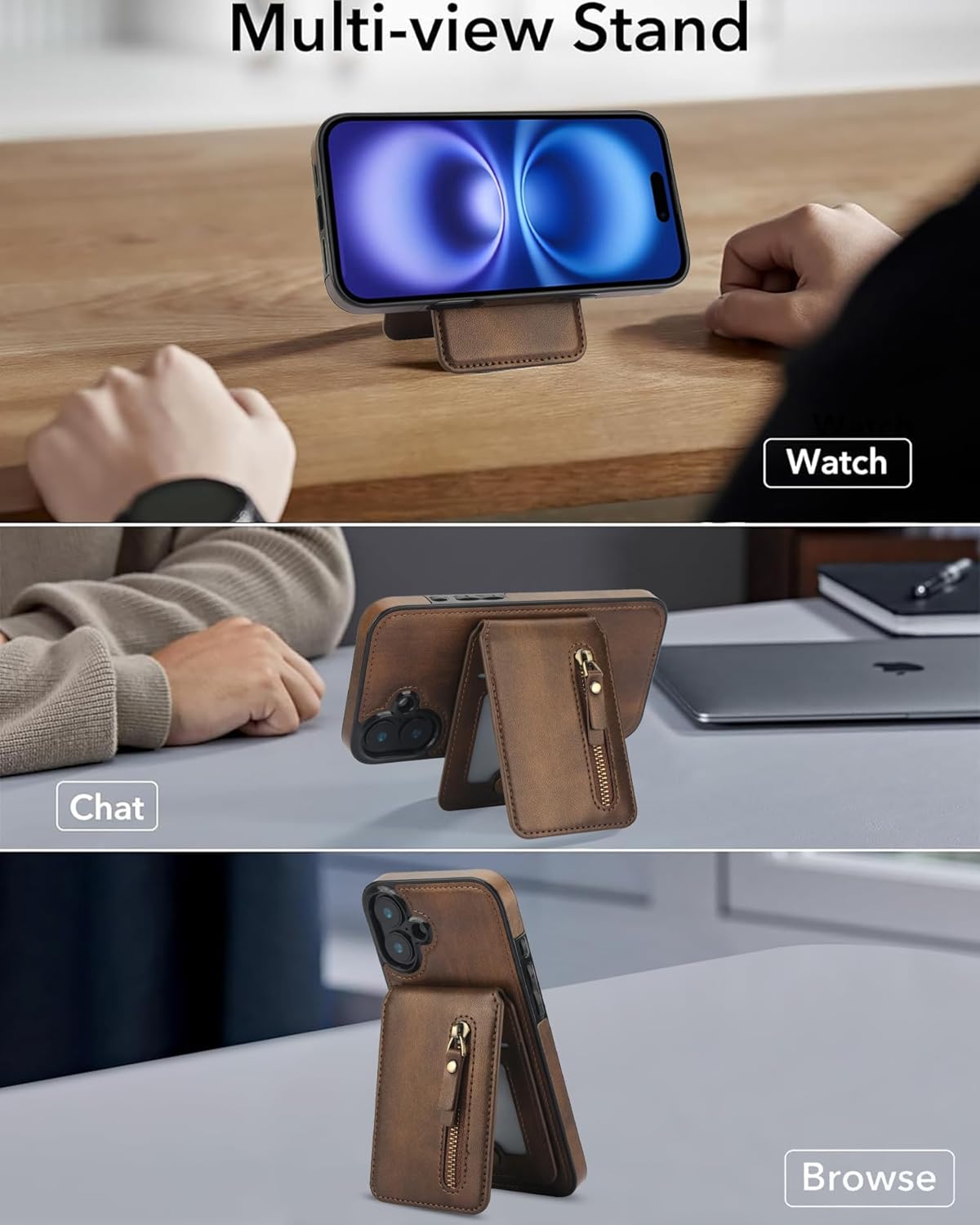 Magnetic card holder phone case suitable for iPhone 16 Plus, zipper magnetic split magnetic wallet with adjustable bracket