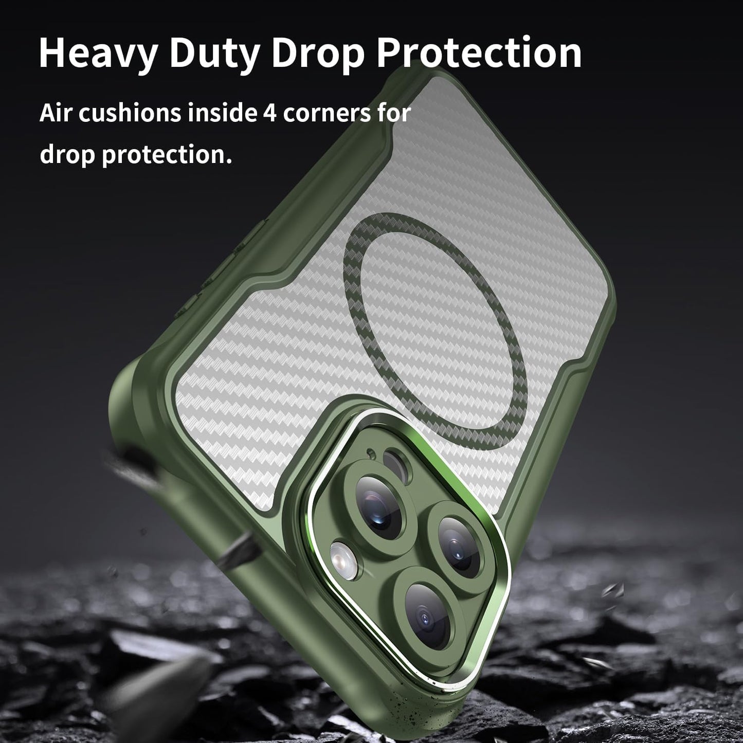 Magnetic carbon fibre case for iPhone 15 Pro max, support wireless charging, carbon fibre shockproof slim case Green