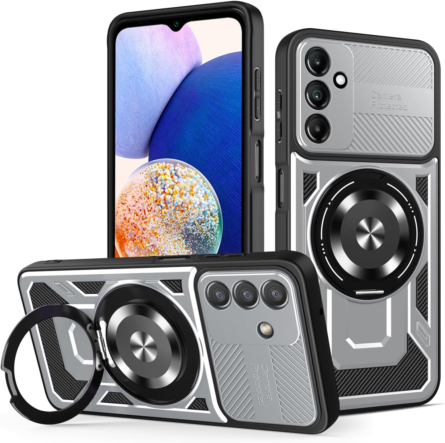 iTape Hard Plated PC Armor Cover for Samsung Galaxy A14 with 360° Rotating Metal Ring Strong Magnetic Car Mount Phone Case Support wireless charging Purple