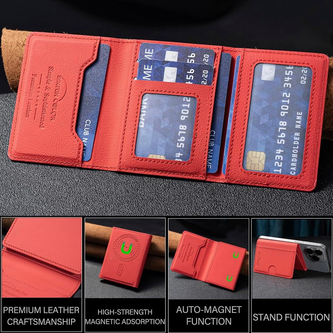 iTape Leather Magnetic Phone Wallet Compatible with Various Phone Models Android and iOS, Solid Color Magnetic Card Holder Ultra-thin Trifold Wallet Card Holder Flip Stand Red