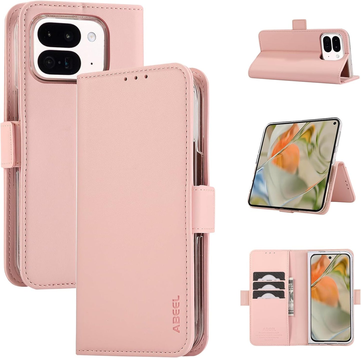 iTape Folding Magnetic Leather Case for Google Pixel 9 Pro Fold, RFID Anti-theft Wallet Phone Case, Multi-Card Slot Magnetic Flip Cover Holder Pink