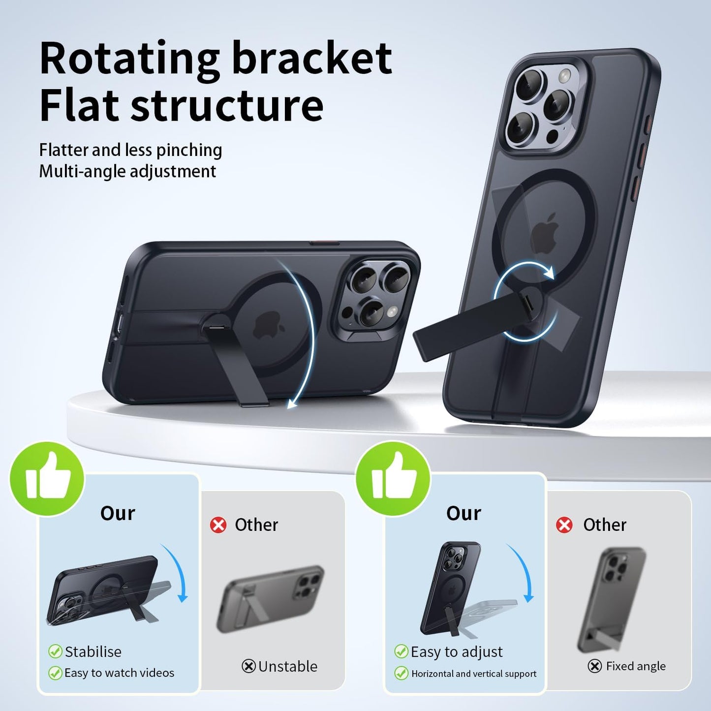 Magnetic phone case for iPhone 15 Pro max, supports wireless charging, 360° rotating invisible bracket, military-grade anti-drop protection Black