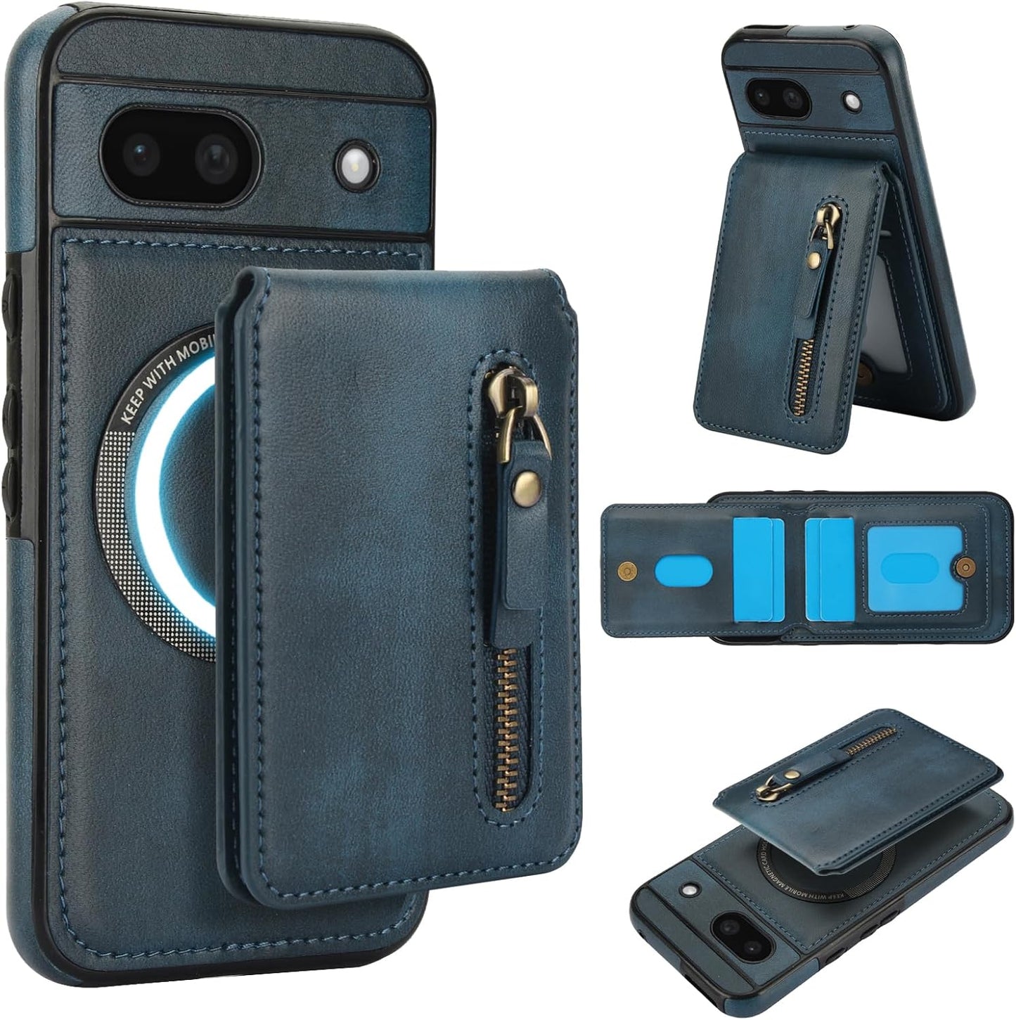 iTape Magnetic card holder phone case suitable for Google Pixel 8A, zipper magnetic split magnetic wallet with adjustable bracket Black