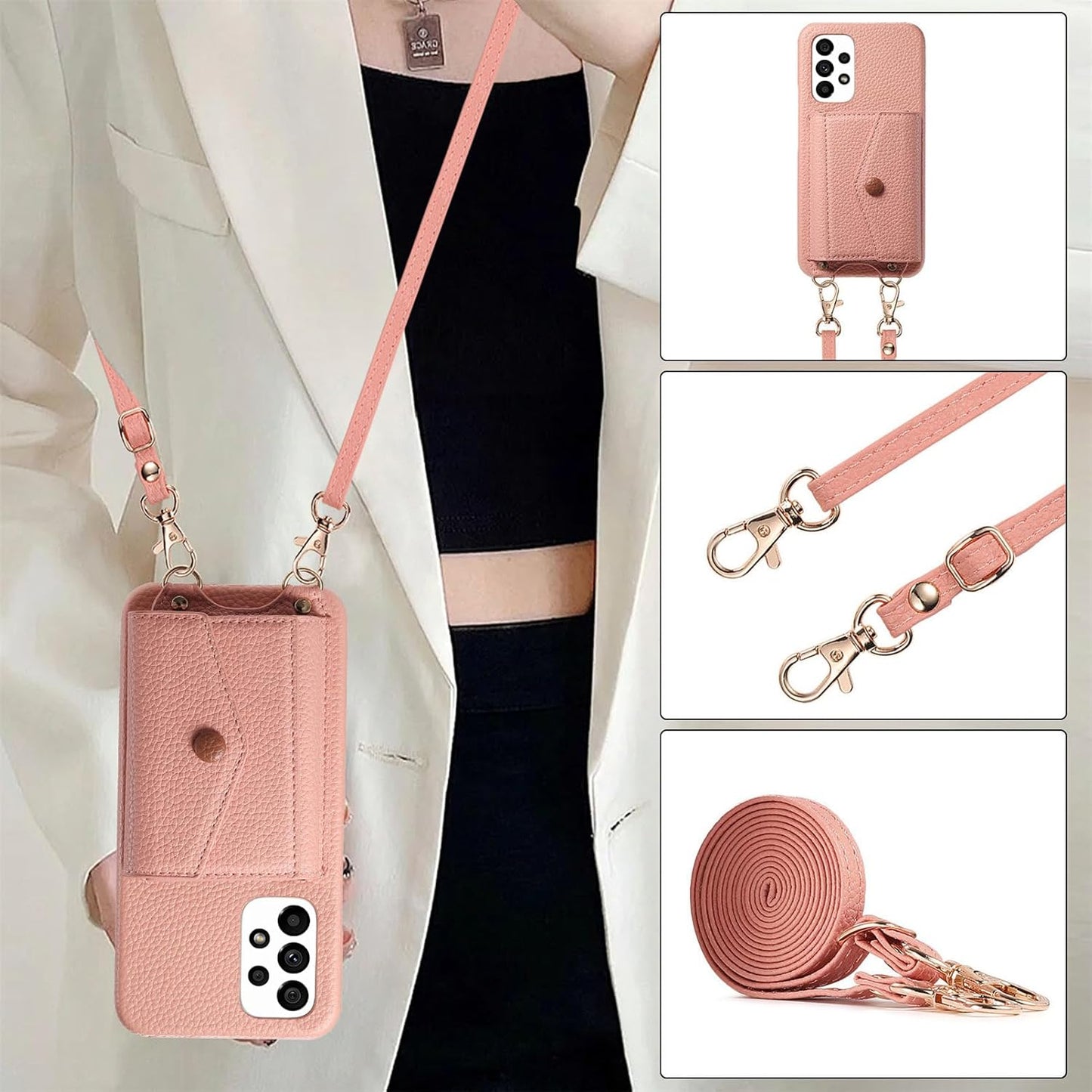 iTape Card Holder Wallet Phone Case for Samsung Galaxy A53 5G, Shockproof Ultra-thin Phone Case, Makeup Mirror with Crossbody Strap Gray