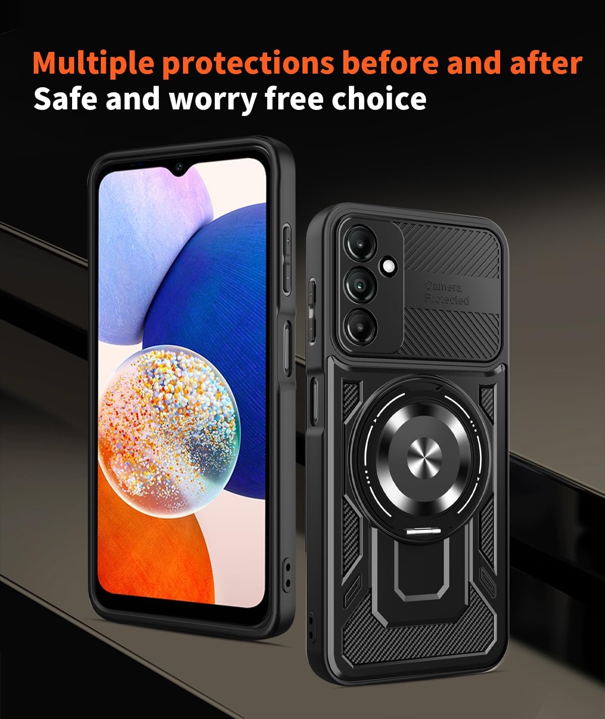iTape Hard Plated PC Armor Cover for Samsung Galaxy A14 with 360° Rotating Metal Ring Strong Magnetic Car Mount Phone Case Support wireless charging Purple