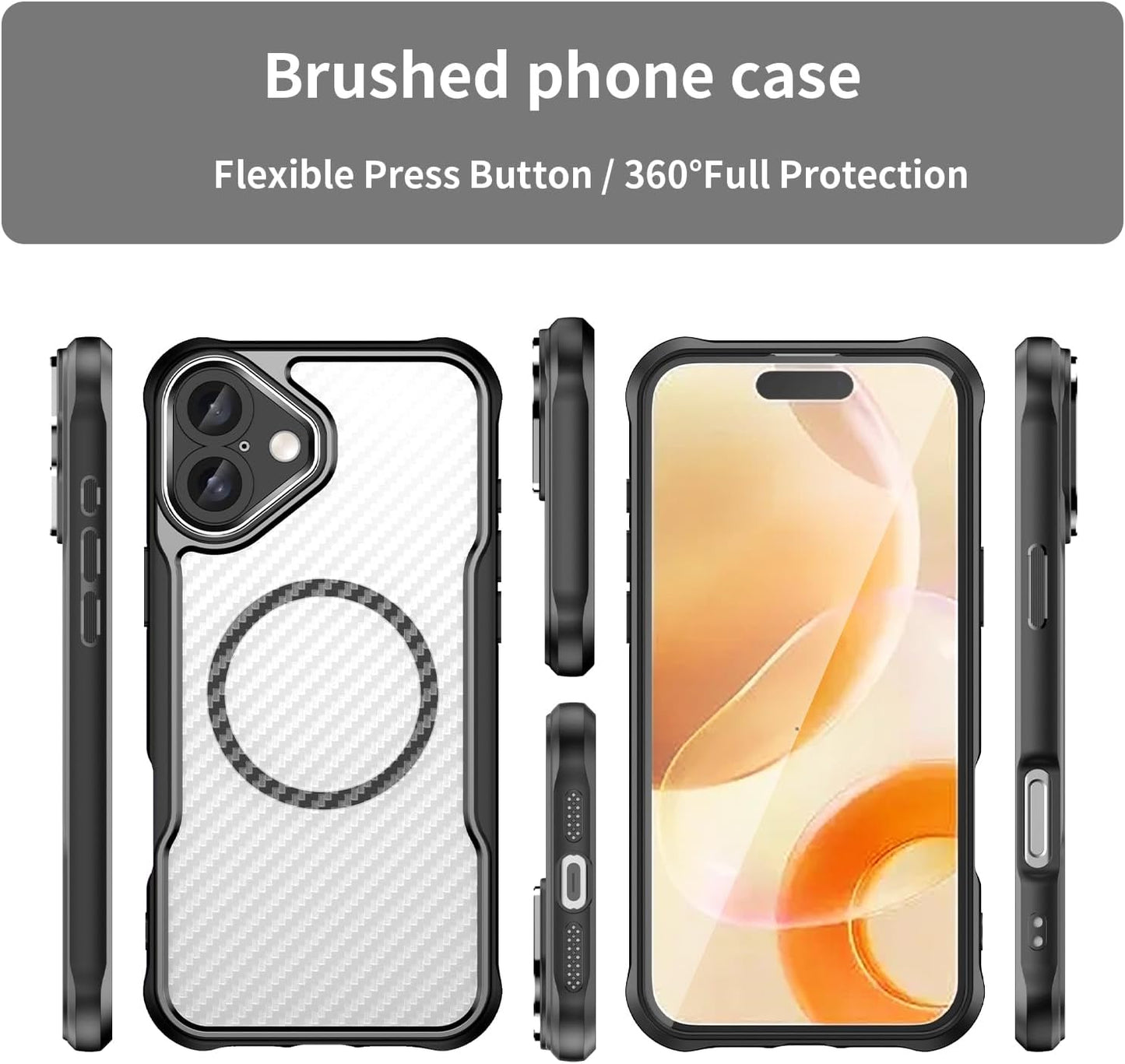 Magnetic carbon fibre case for iPhone 16 Plus, support wireless charging, carbon fibre shockproof slim case Black