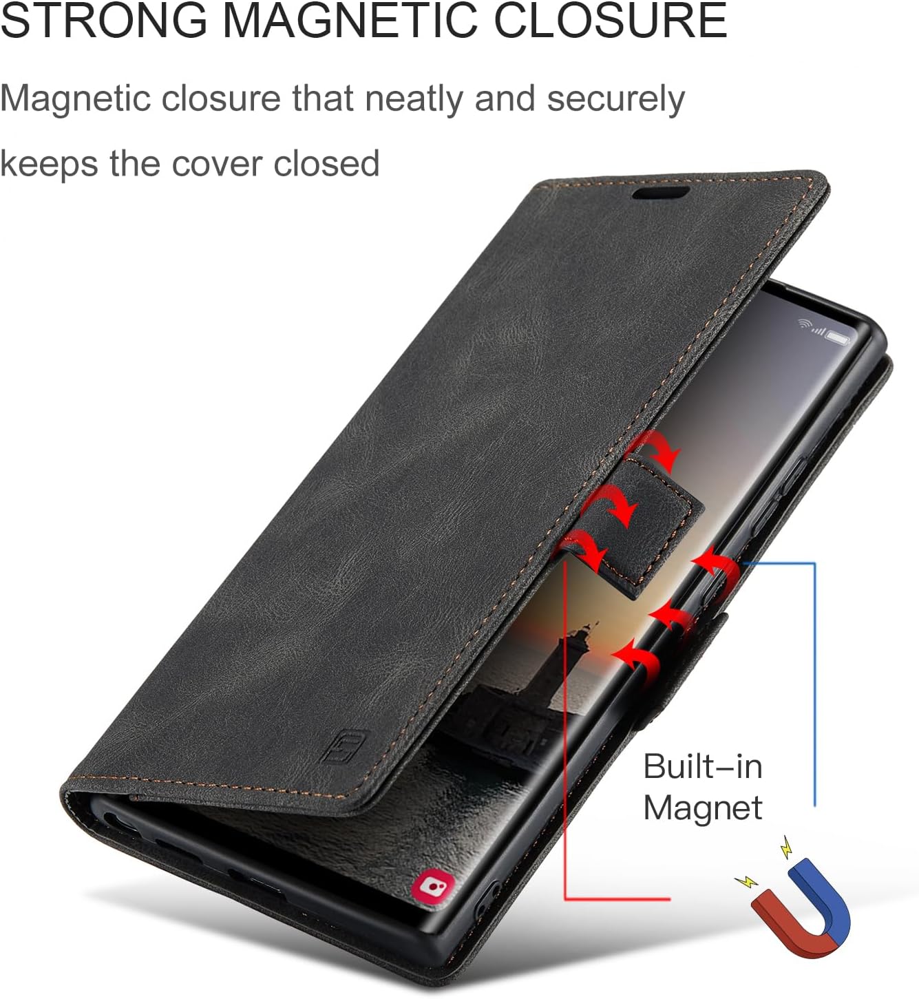 iTape Retro frosted soft leather mobile phone case for Samsung Galaxy S24 Ultra, RFID (anti-theft swipe), wallet card slot flip cover stand, Black