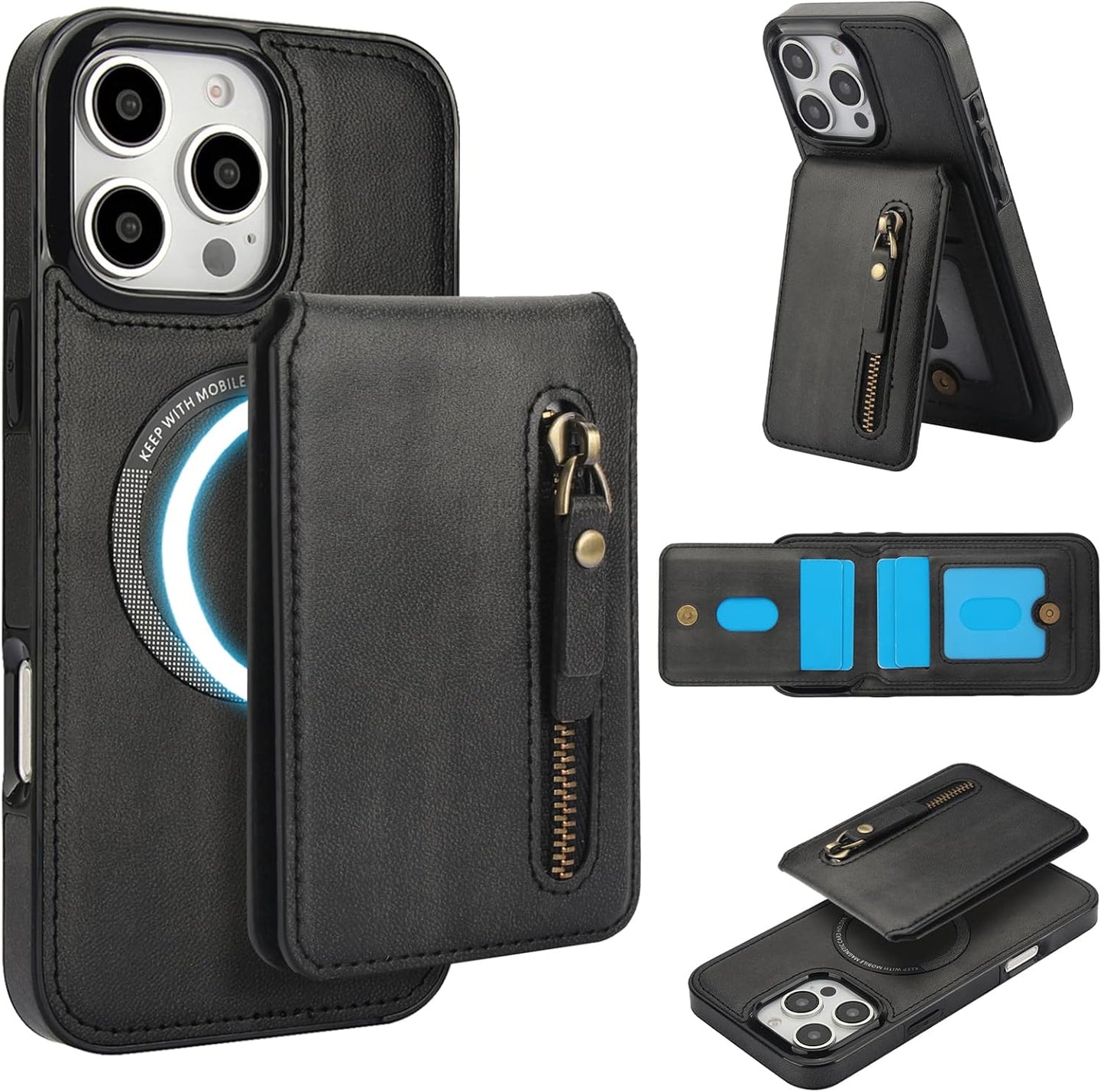 Magnetic card holder phone case suitable for iPhone 16 Pro, zipper magnetic split magnetic wallet with adjustable bracket Brown