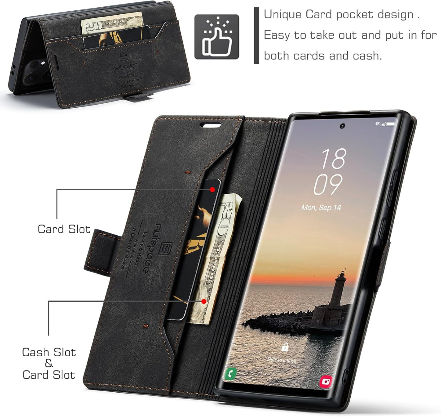 iTape Retro frosted soft leather mobile phone case for Samsung Galaxy S24 Ultra, RFID (anti-theft swipe), wallet card slot flip cover stand, Black