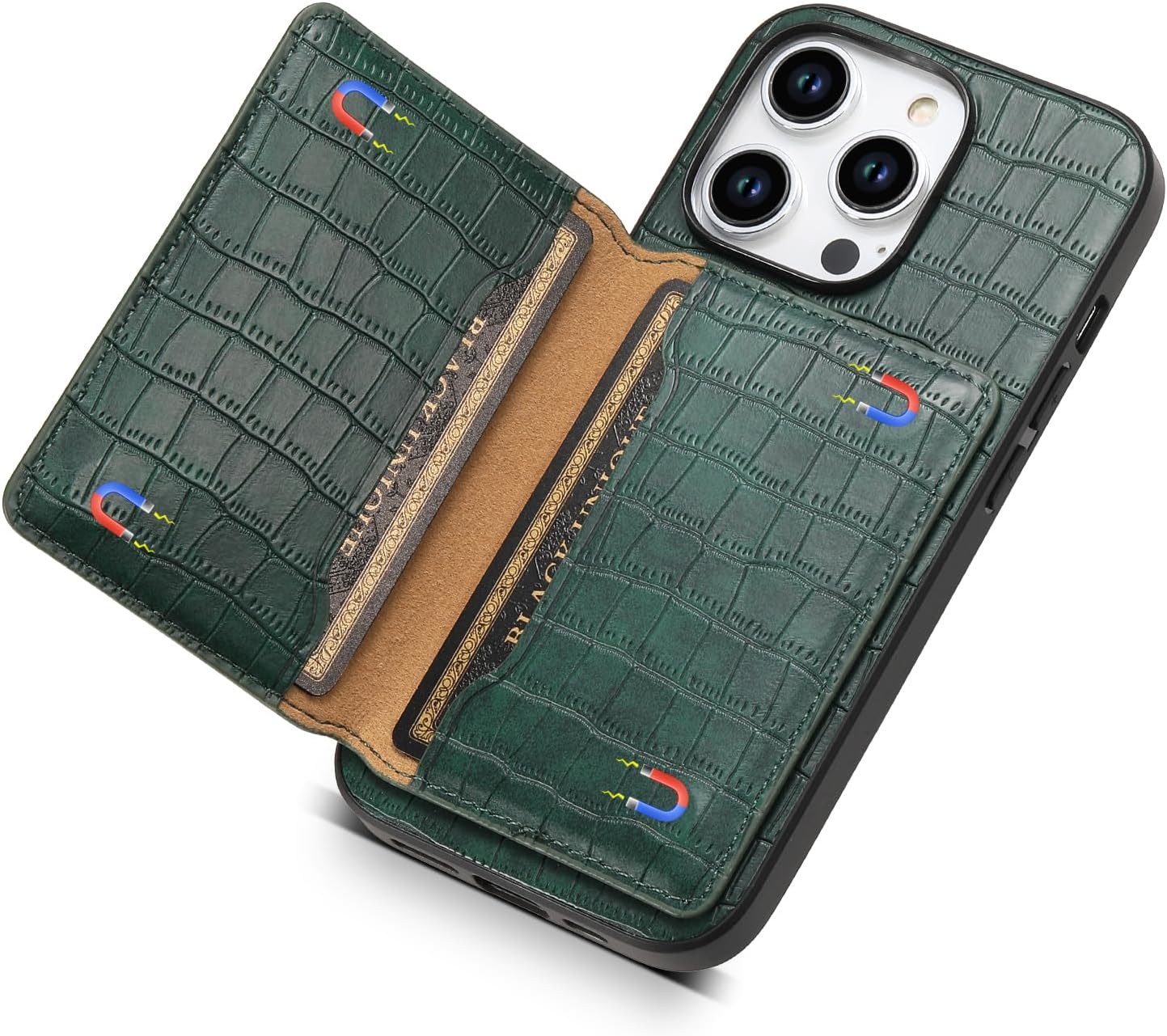 Crocodile pattern phone case suitable for iPhone 15 Pro max, magnetic card holder holder card slot phone case, Green