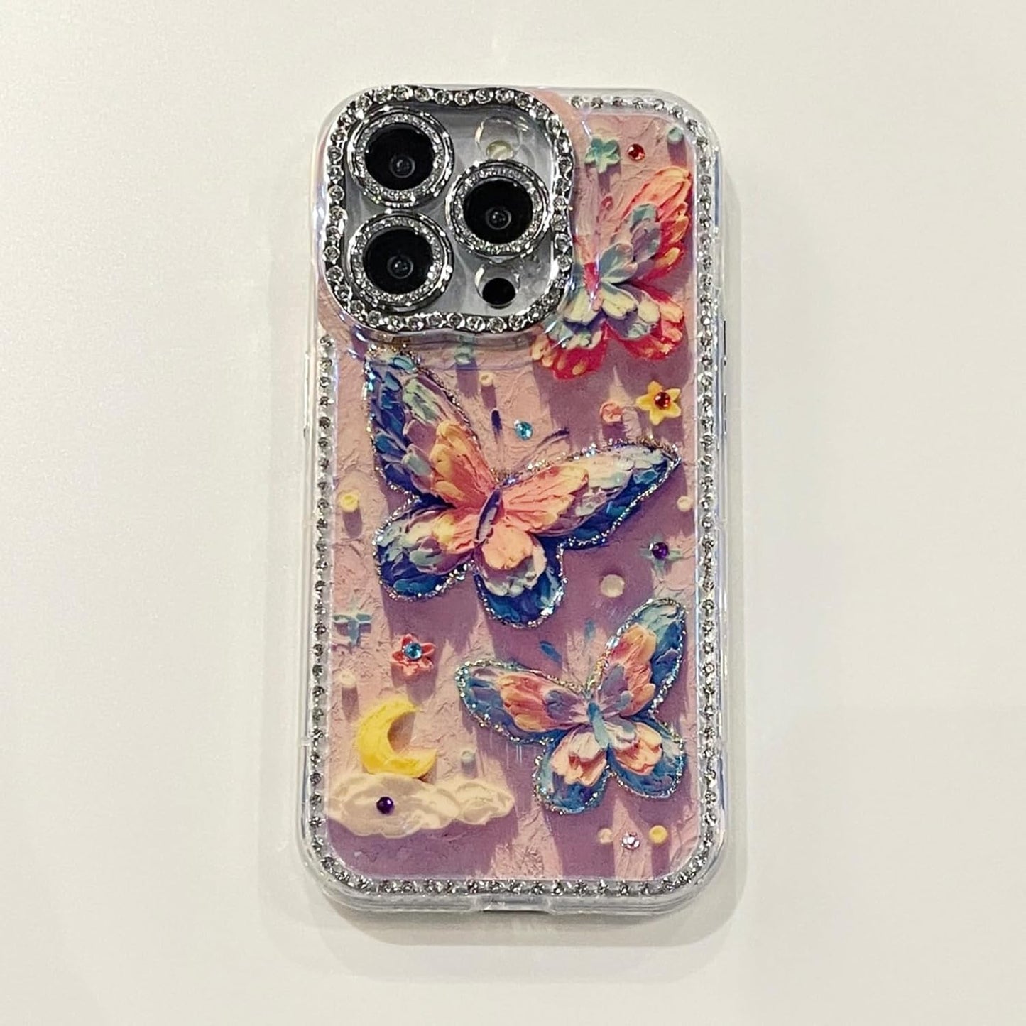 3D Stereoscopic colourful clouds butterfly case for iPhone 16 Pro, shockproof and drop-proof case, full of diamonds lens protection phone case