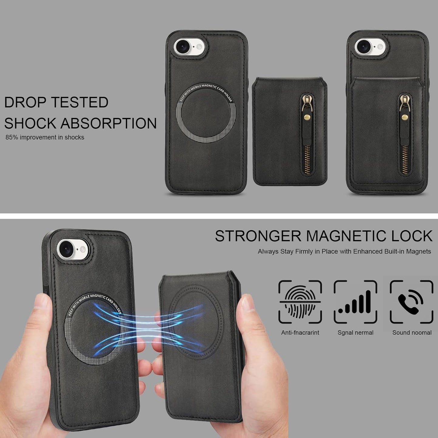 Magnetic card holder phone case suitable for iPhone 16E, zipper magnetic split magnetic wallet with adjustable bracket