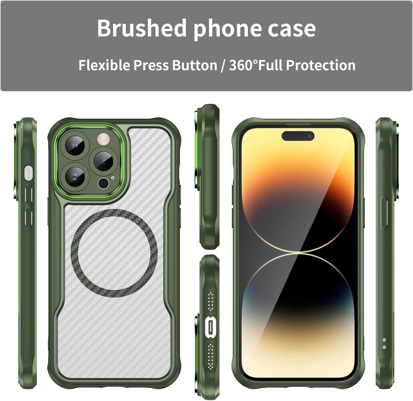 Magnetic carbon fibre case for iPhone 14 Pro max, support wireless charging, carbon fibre shockproof slim case Green