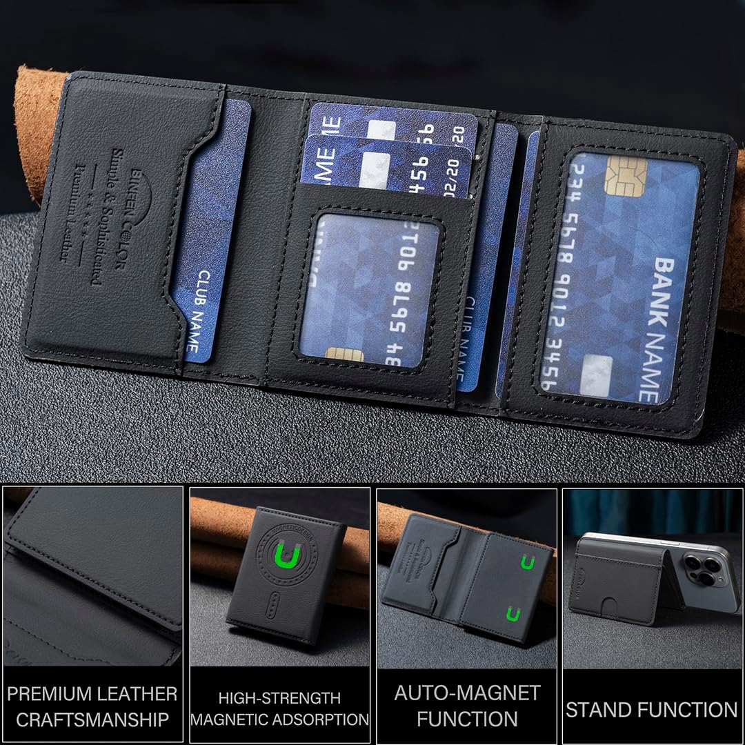 iTape Leather Magnetic Phone Wallet Compatible with Various Phone Models Android and iOS, Solid Color Magnetic Card Holder Ultra-thin Trifold Wallet Card Holder Flip Stand Red