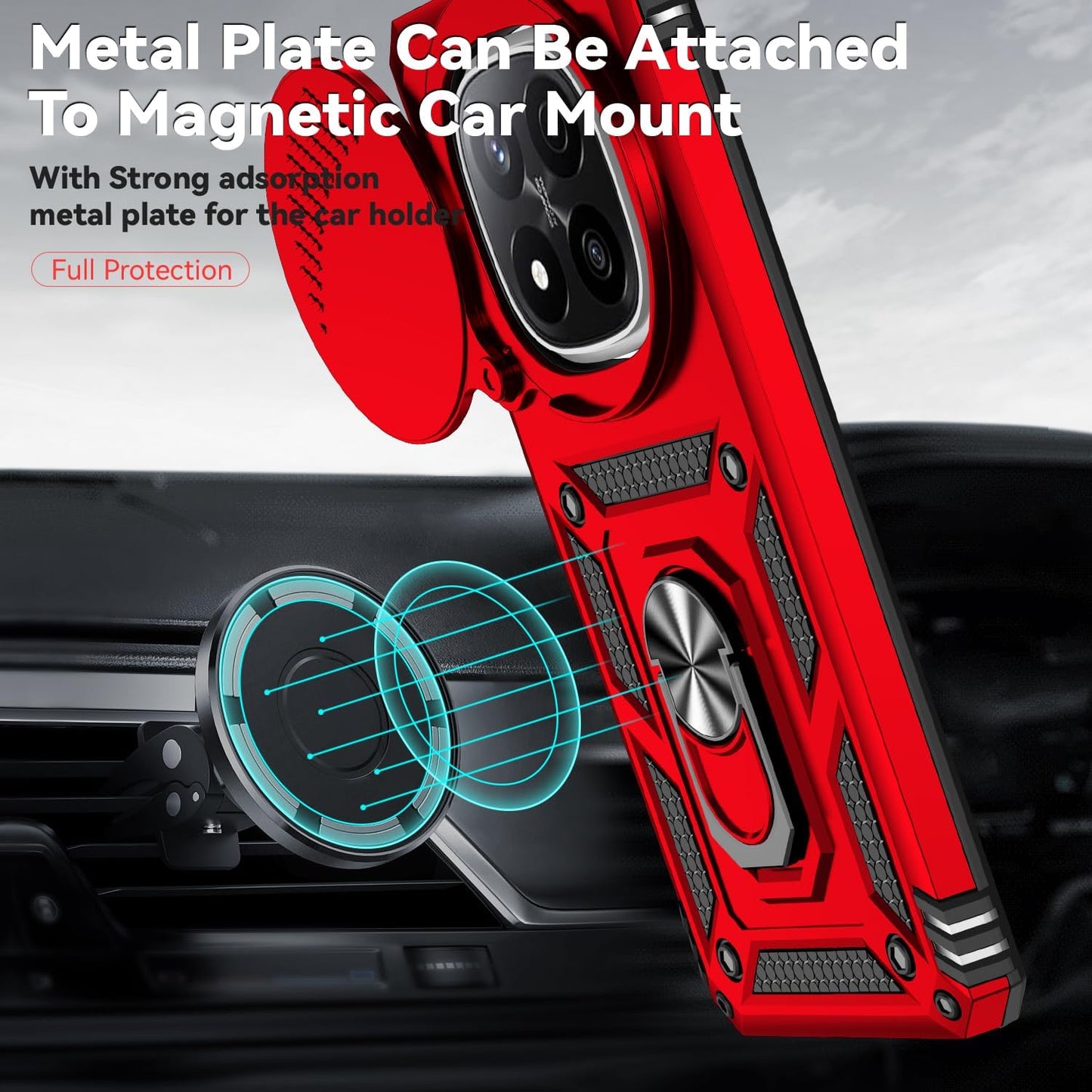 Magnetic Car Mount 2 in 1 Phone Case for Xiaomi Redmi Note 14 Pro+ 5G, Military Grade Protective Case, Phone Case Built-in 360° Rotating Ring Bracket Buckle Push Window Lens Protection