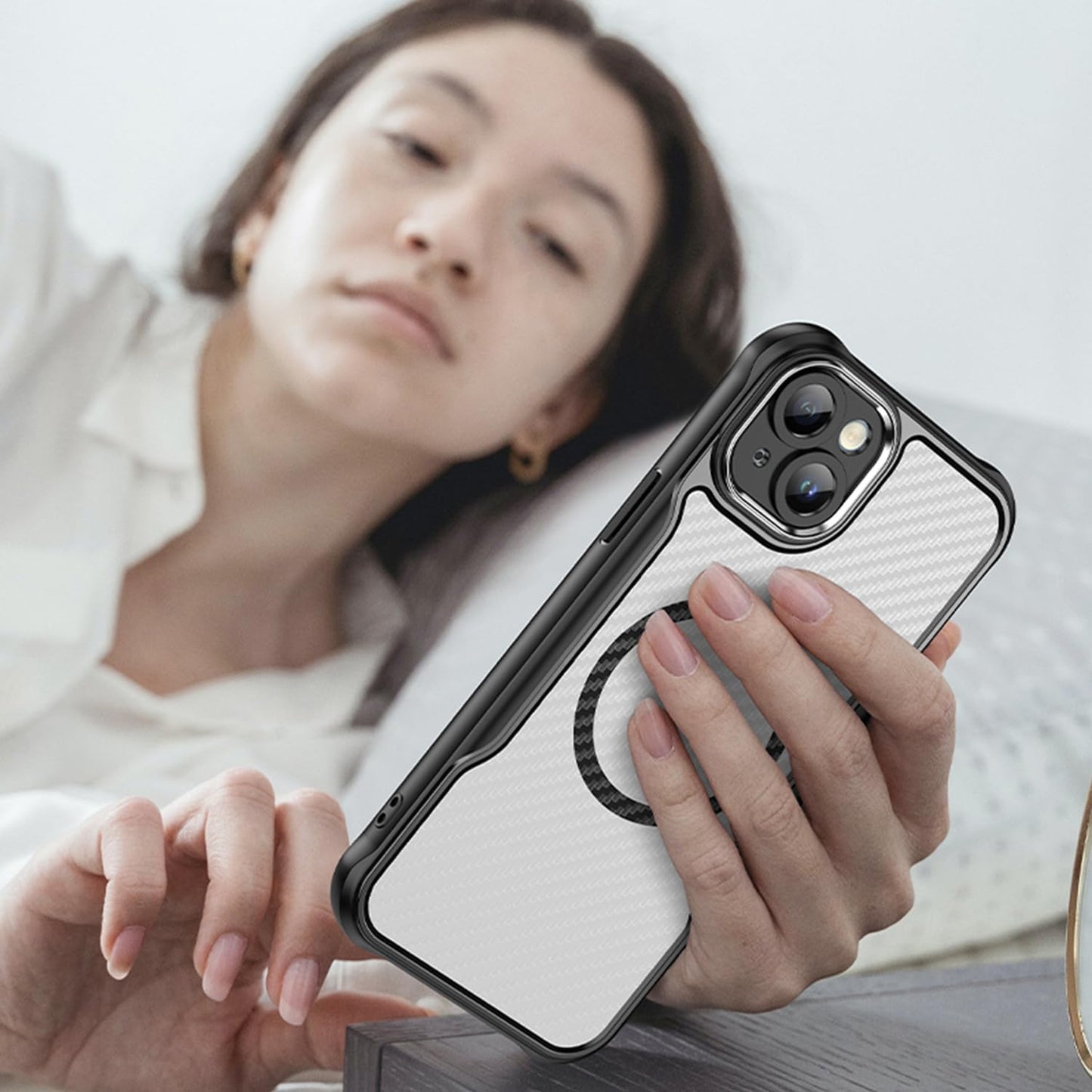 Magnetic carbon fibre case for iPhone 15 Plus, support wireless charging, carbon fibre shockproof slim case Black