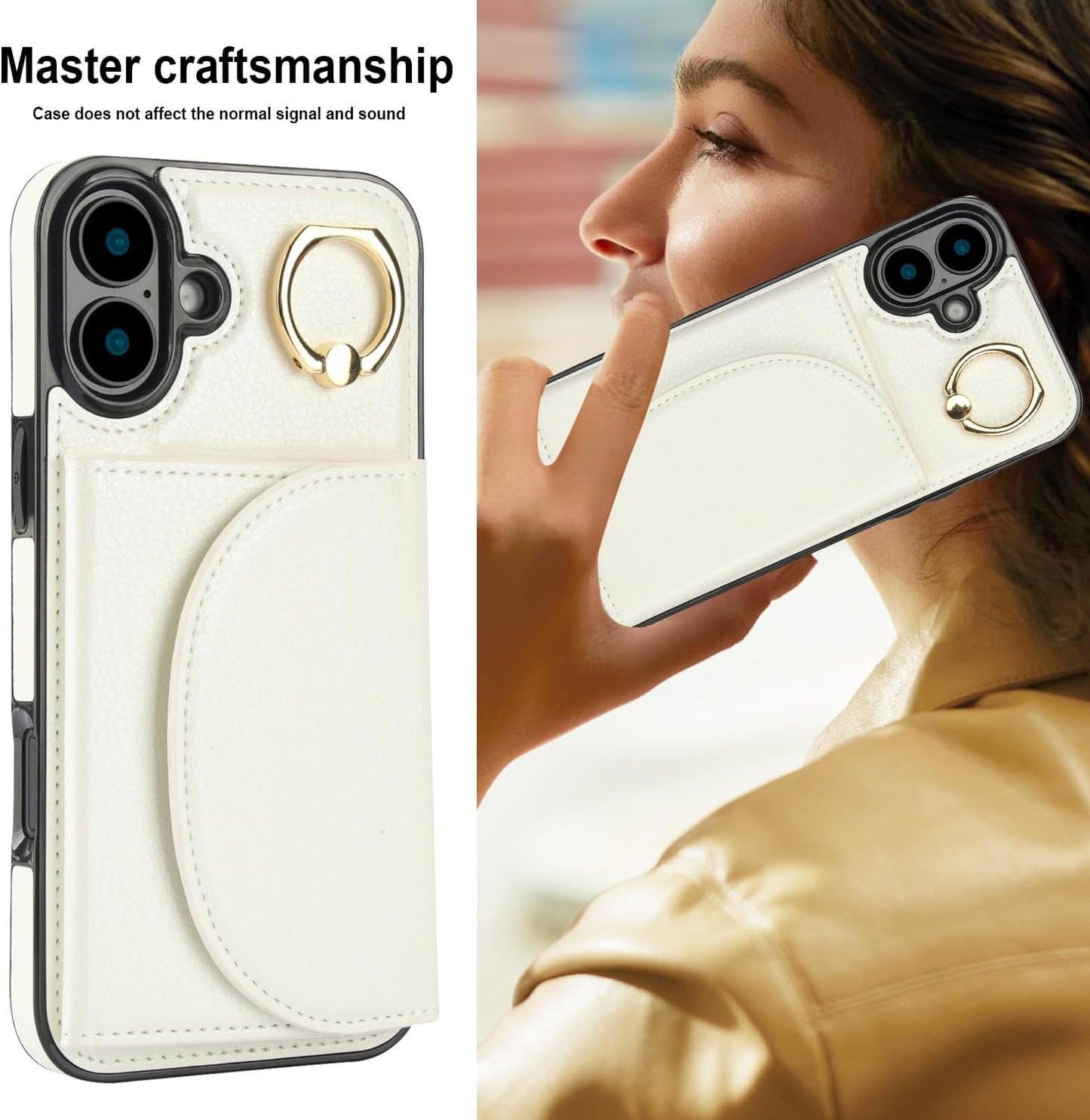 Tri-fold wallet case for iPhone 16 Plus, 360° rotating ring buckle stand, shockproof phone case coin purse card holder Black