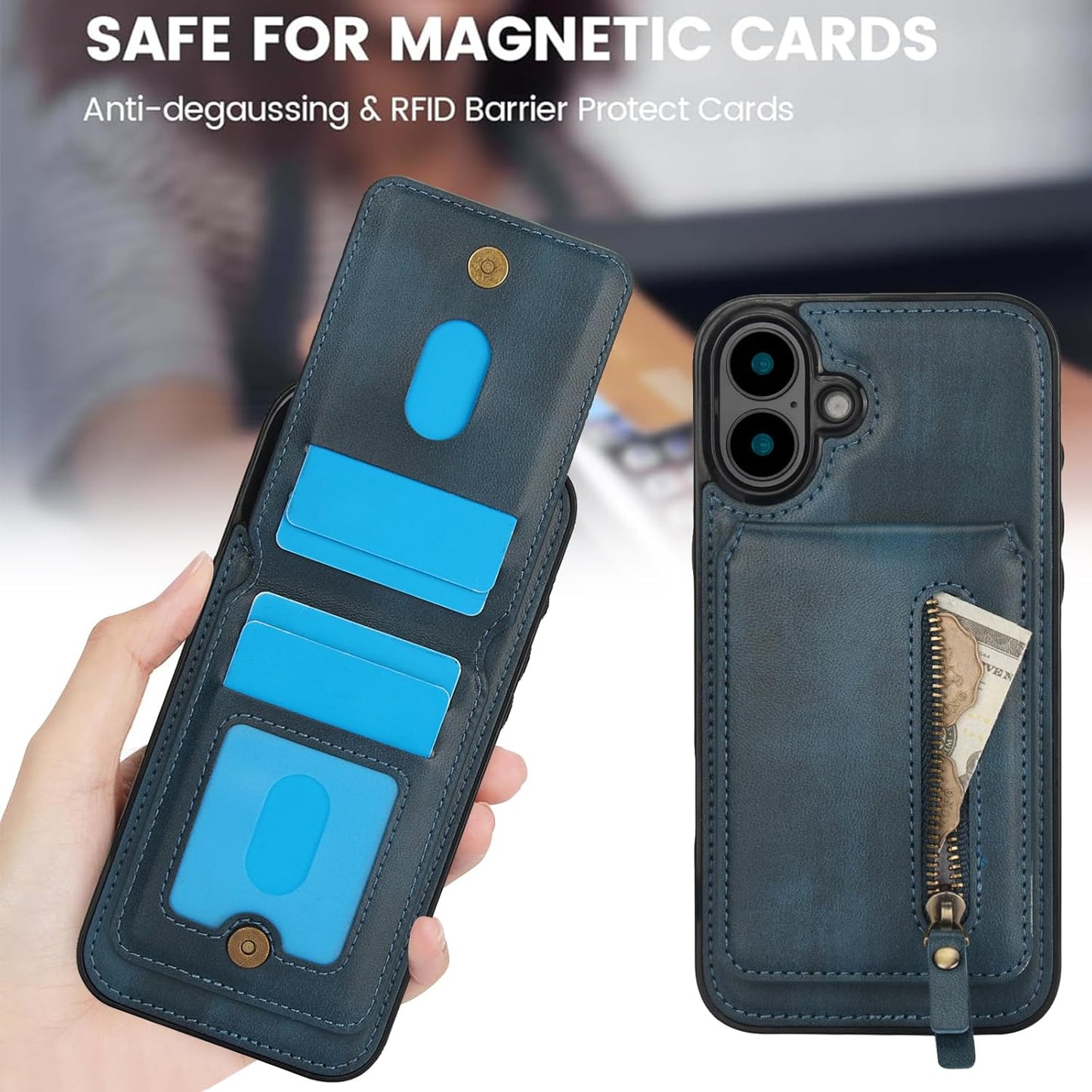 Magnetic card holder phone case suitable for iPhone 16, zipper magnetic split magnetic wallet with adjustable bracket Red