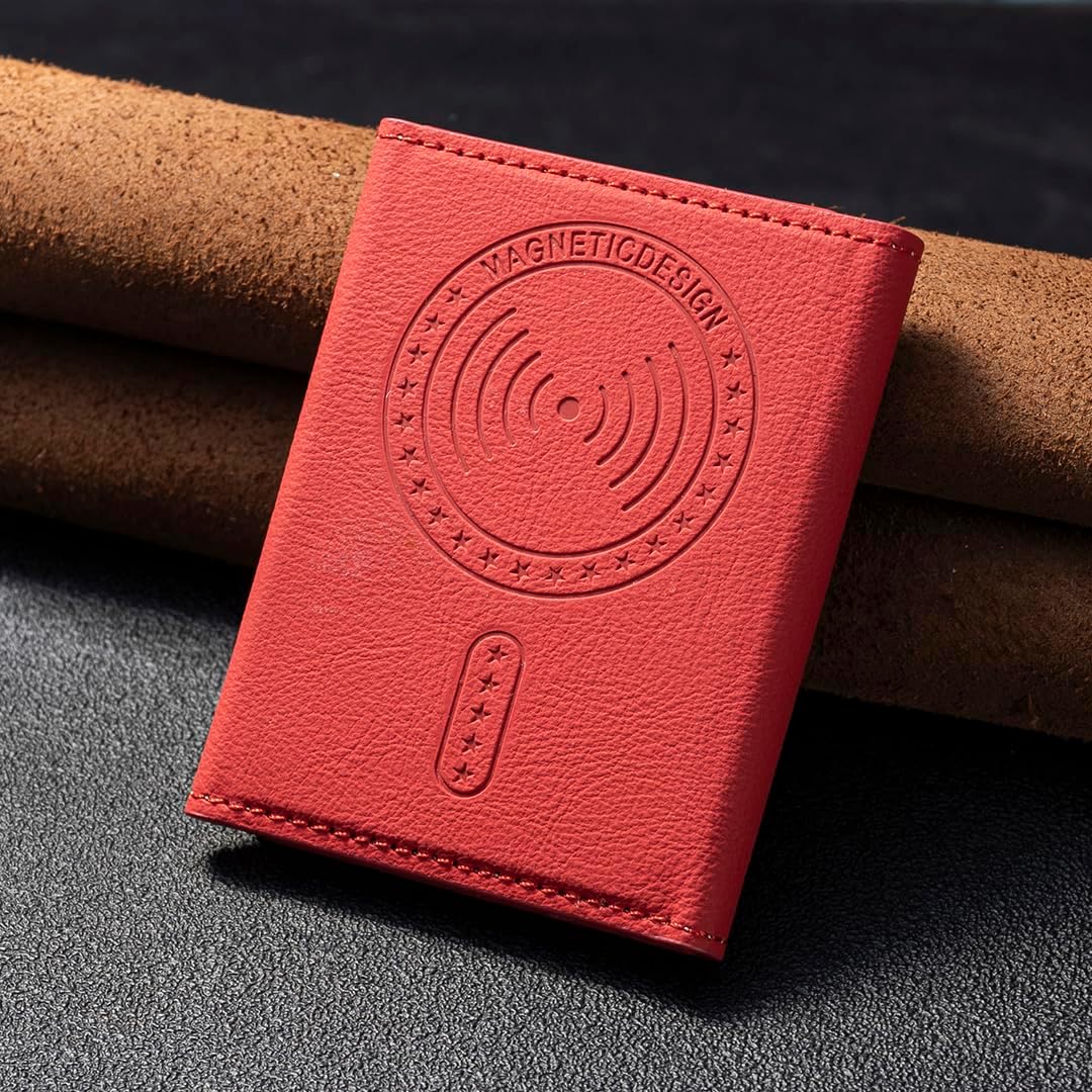 iTape Leather Magnetic Phone Wallet Compatible with Various Phone Models Android and iOS, Solid Color Magnetic Card Holder Ultra-thin Trifold Wallet Card Holder Flip Stand Red