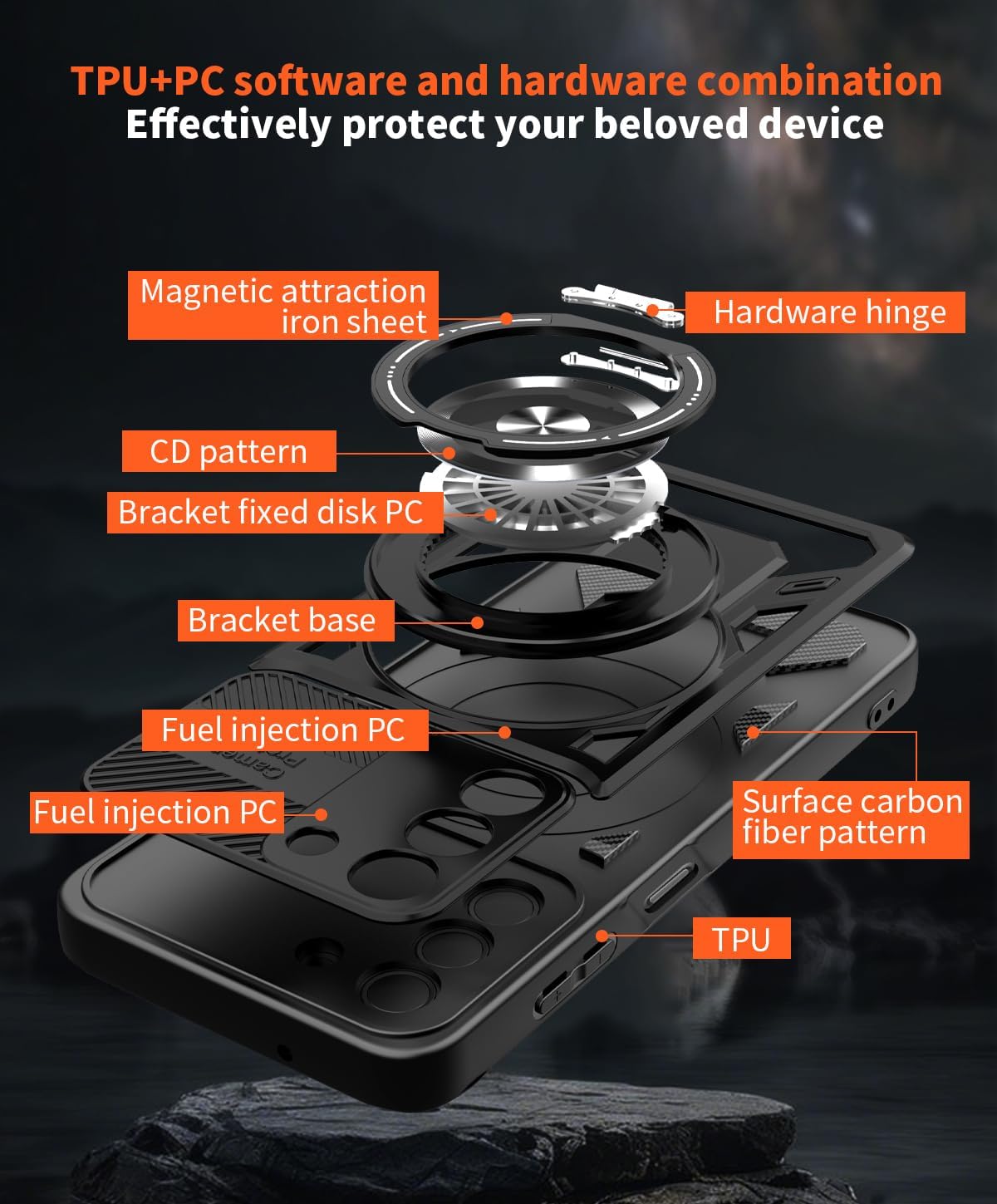 iTape Hard Plated PC Armor Cover for Samsung Galaxy A14 with 360° Rotating Metal Ring Strong Magnetic Car Mount Phone Case Support wireless charging Purple