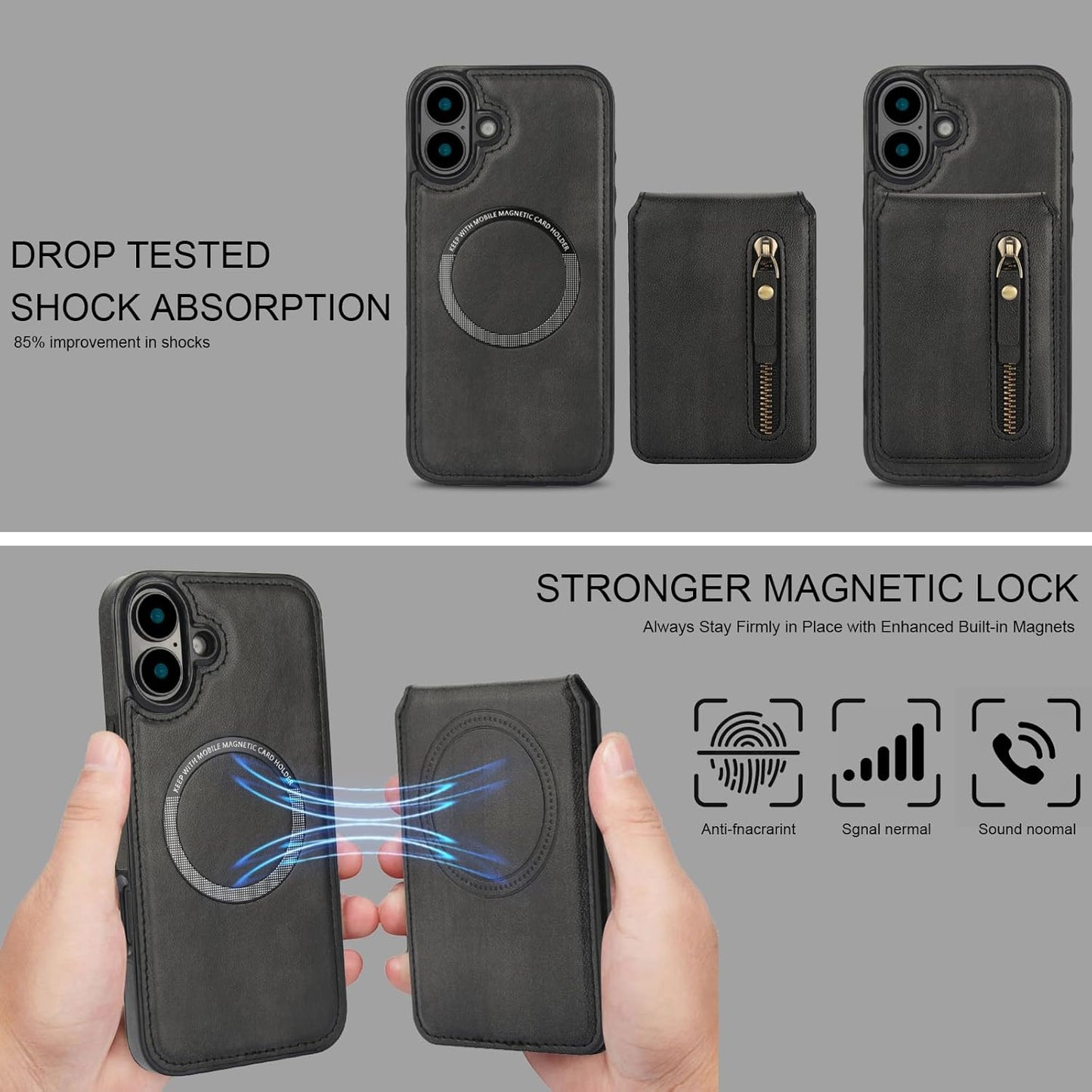 Magnetic card holder phone case suitable for iPhone 16, zipper magnetic split magnetic wallet with adjustable bracket Red