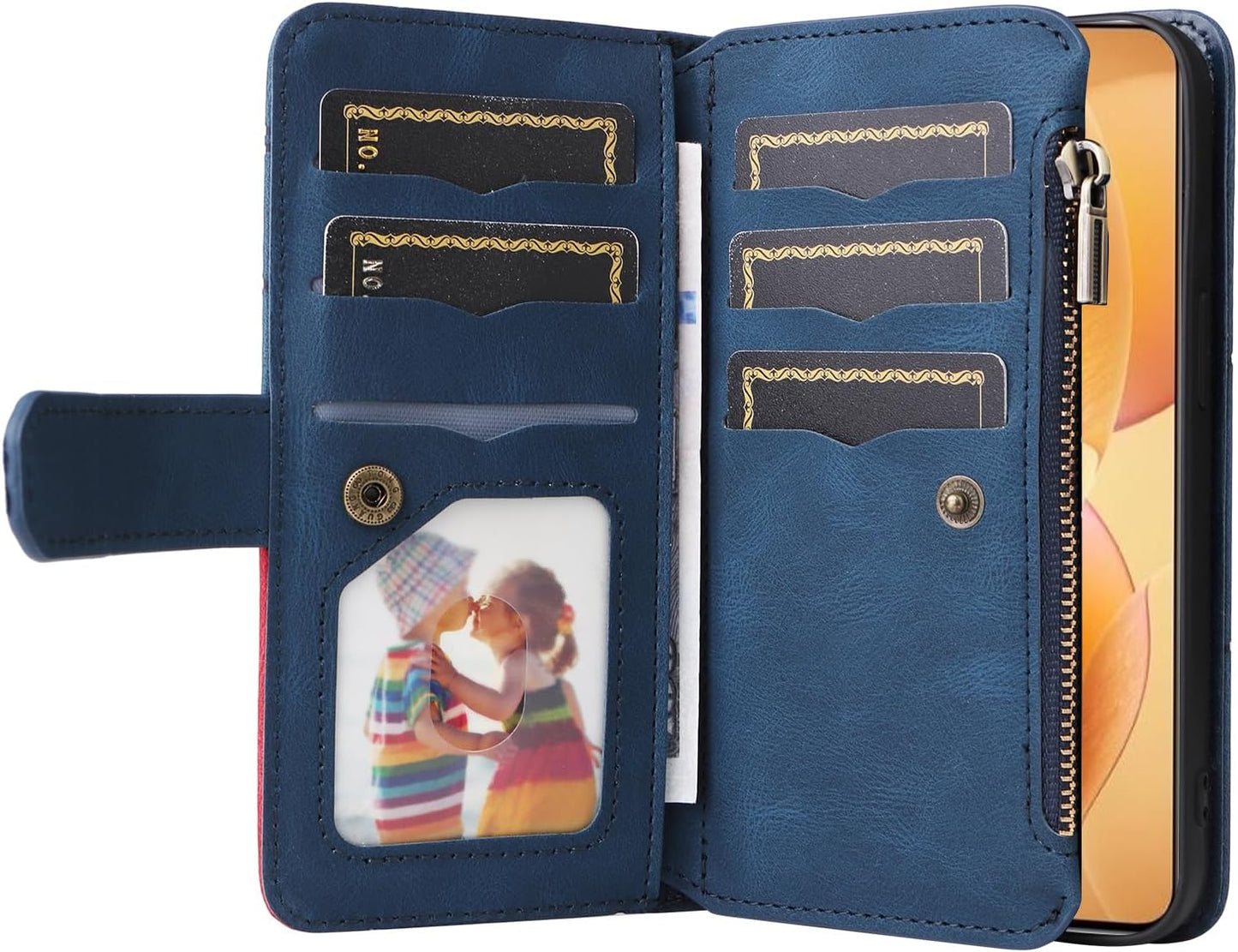 iTape 9 Card Slots Phone Case for Xiaomi POCO X6 PRO 5G, Zipper Wallet, Dual Color Stitching Color Flip Stand Card Slots Cash Clip Shockproof, Wrist Strap Black