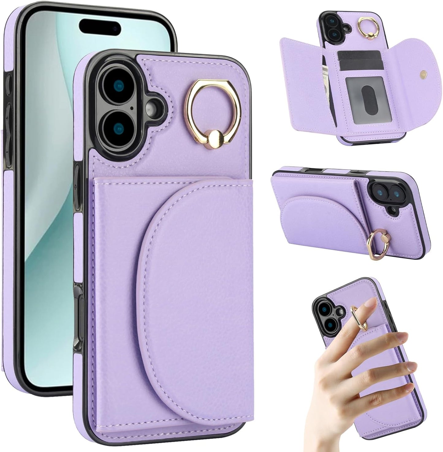 Tri-fold wallet case for iPhone 16 Plus, 360° rotating ring buckle stand, shockproof phone case coin purse card holder Black