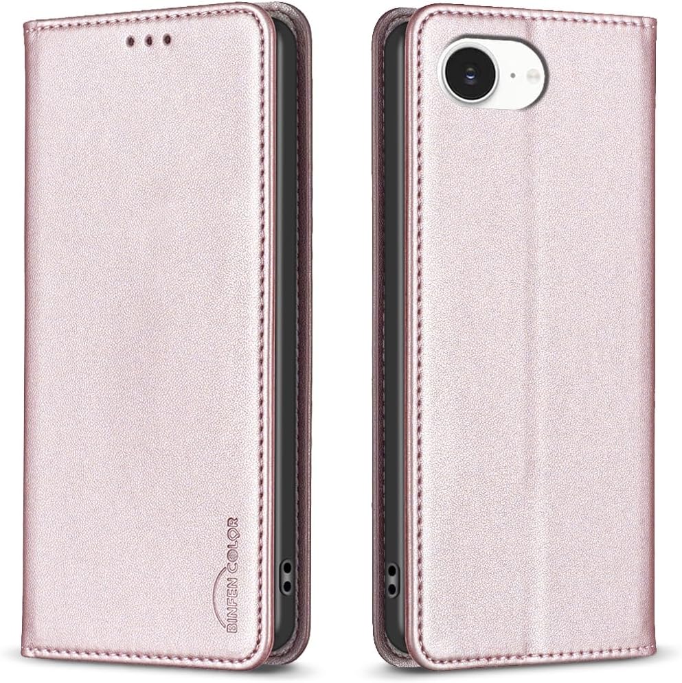 Leather Phone Case for iPhone 16E, Magnetic Leather Wallet Case, Flip Stand Shockproof Protection Gold